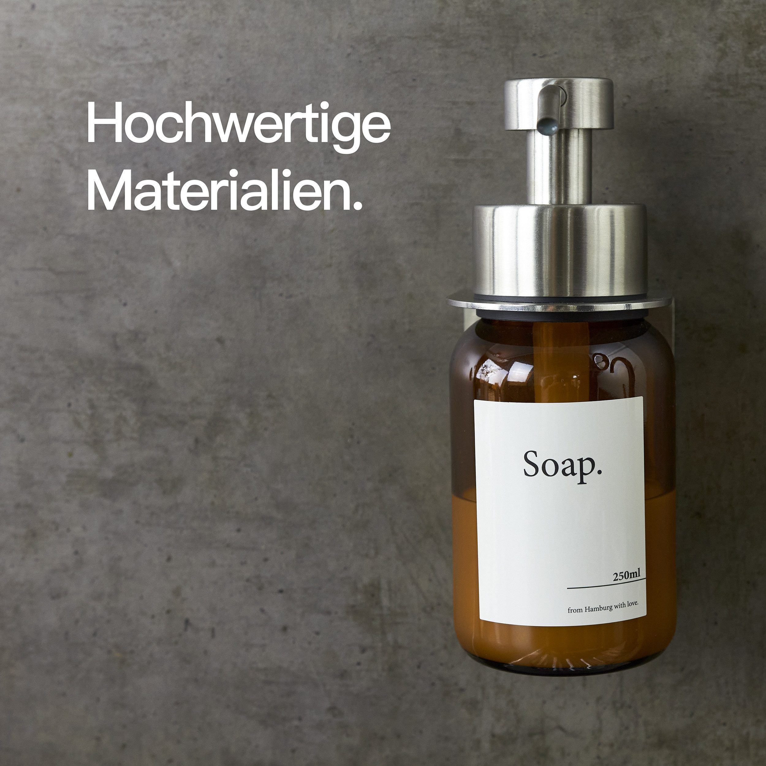 Designfabrik Hamburg Seifenspender Wandmontage ohne Bohren 250 ml, Pumpspender für Flüssigseife, (1-tlg), Glas & Edelstahl, inkl. Markenklebeband für besonders  – Bild 4 von 5