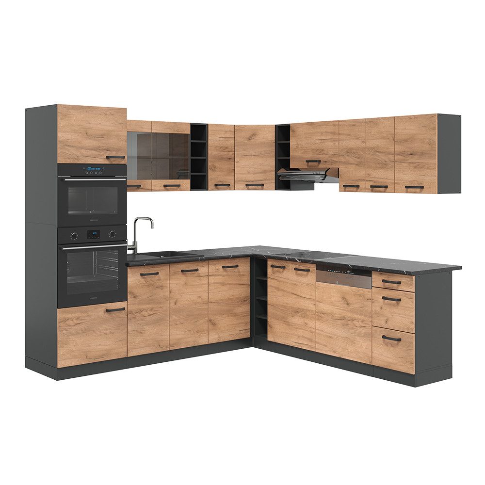 Vicco Winkelküche R-Line, Goldkraft Eiche/Anthrazit, 247 x 237 cm ohne Arbeitsplatte
