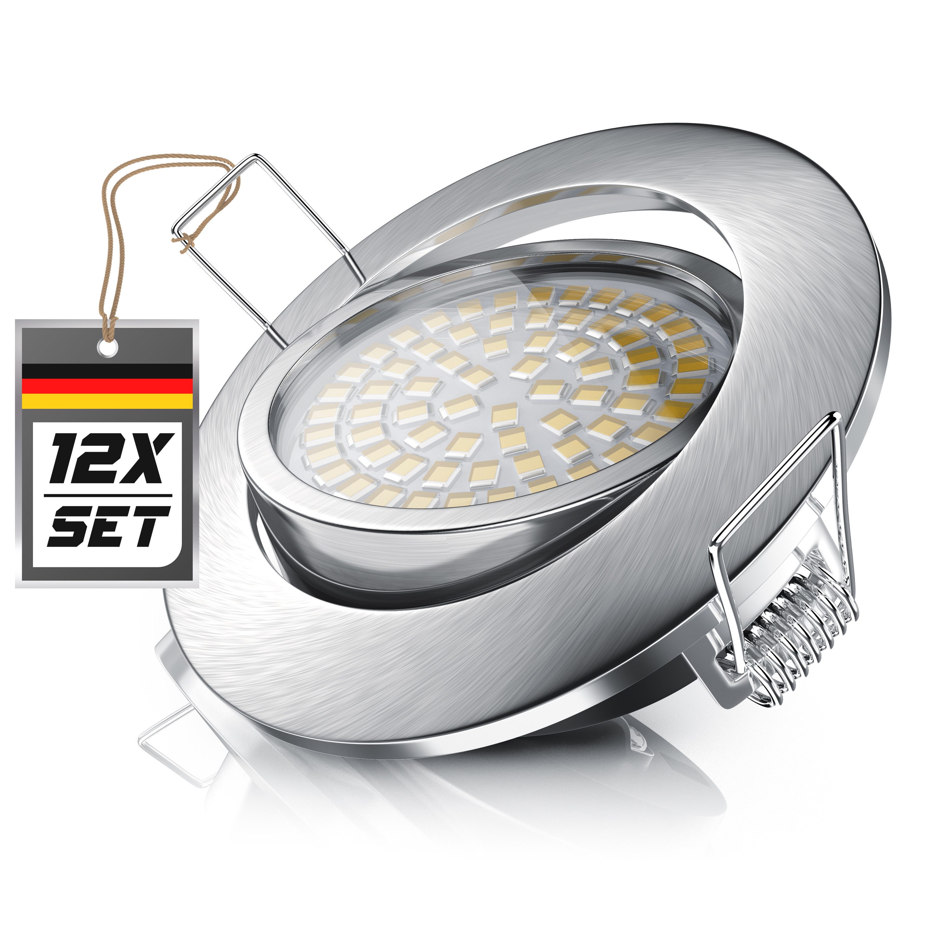 Brandson LED Einbaustrahler 12er Set LED Einbaustrahler Deckenspots dimmbar Alu-Rahmen, Dimmfunktion; Schwenkmechanismus, LED fest integriert, warmweiß, Einbauleuchte / Spots ultra flach, Abstrahlwinkel 120 Grad, 6er Set