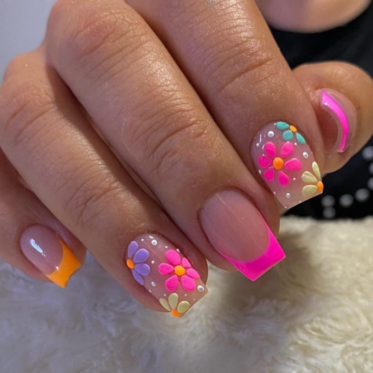 Kunstfingernägel 24 Blumen Nägel Kurz Aufkleben Kunstnägel Eckig Press on Nails