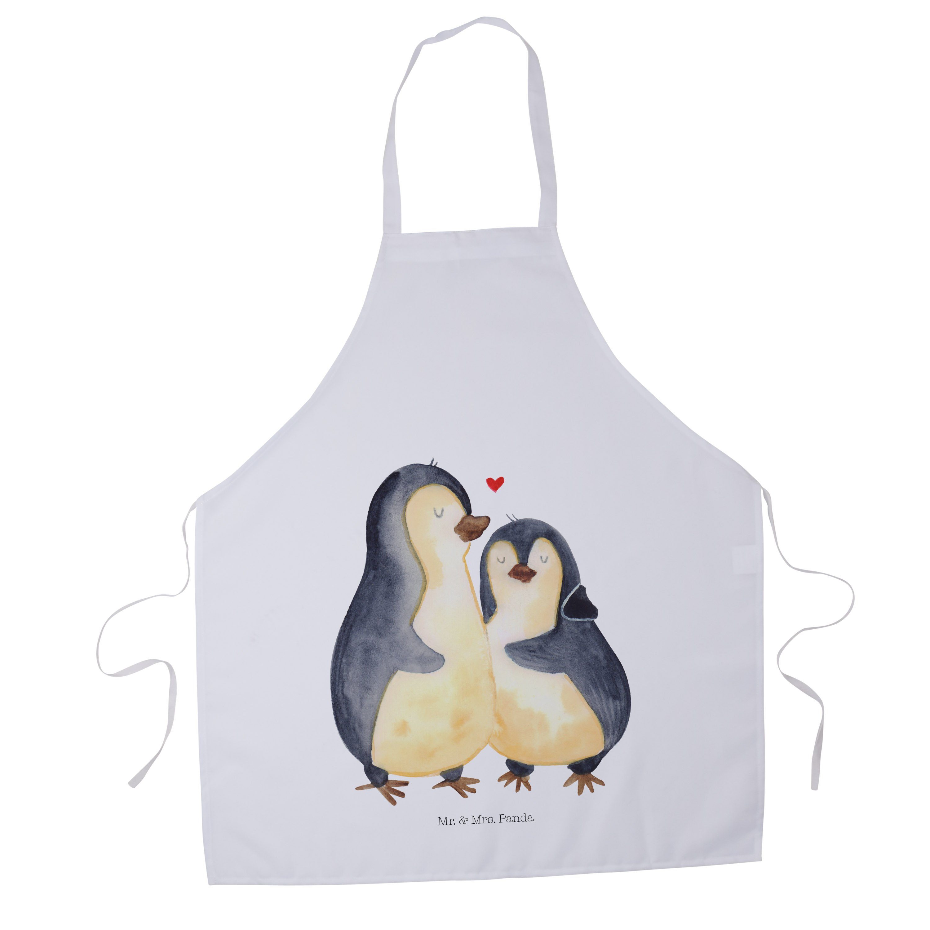 Mr. & Mrs. Panda Kochschürze Pinguin umarmen - Weiß - Geschenk, Schürze, Liebesgeschenk, Kochschür, (1-tlg), Umsäumte Ränder