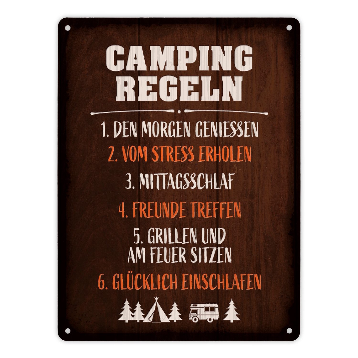 speecheese Metallschild Metallschild XL mit Camping Motiv und Spruch: Camping regeln Schild
