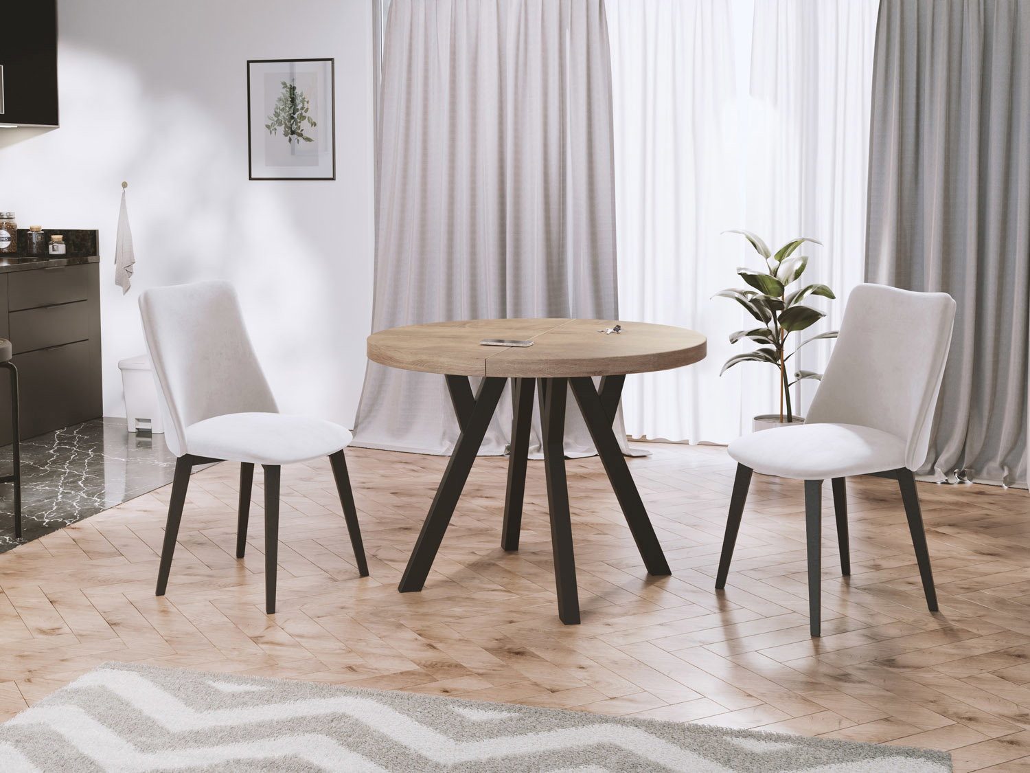 WFL GROUP Esstisch Twixy ausziehbar rund modern mit schwarzen Holzbeinen (MADE IN EU, erhältlich in 3 Größen – 90/100/100 cm, ausziehbar auf 170/150/200 cm), platzsparender Tisch für kleine Küche, Esszimmer oder Wohnzimmer