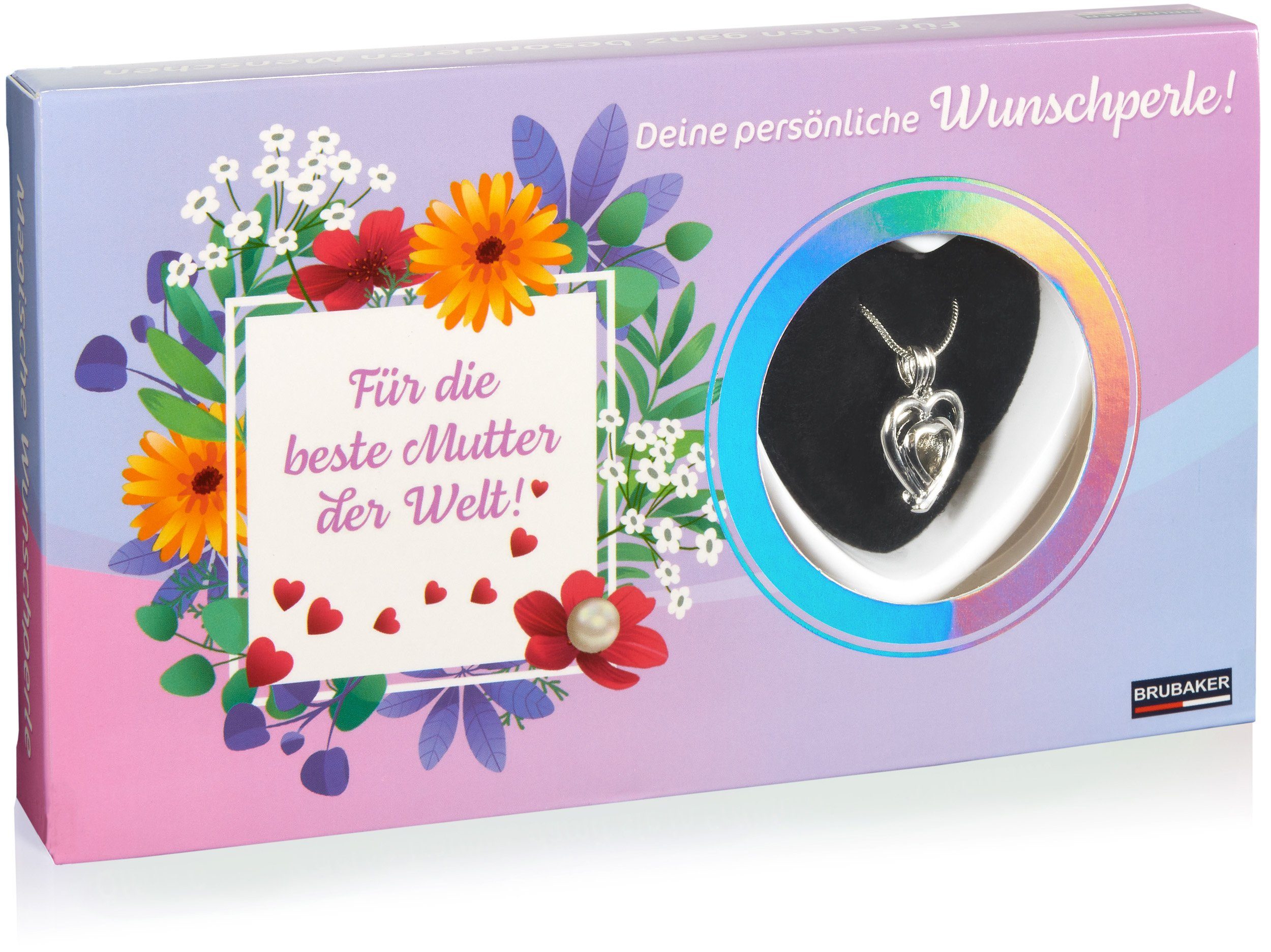 BRUBAKER Perlenketten-Set Wunschperle für die beste Mutter der Welt (4-tlg., Set), Halskette Silber Herz + Muschel mit Perle – Muttertagsgeschenk-Set