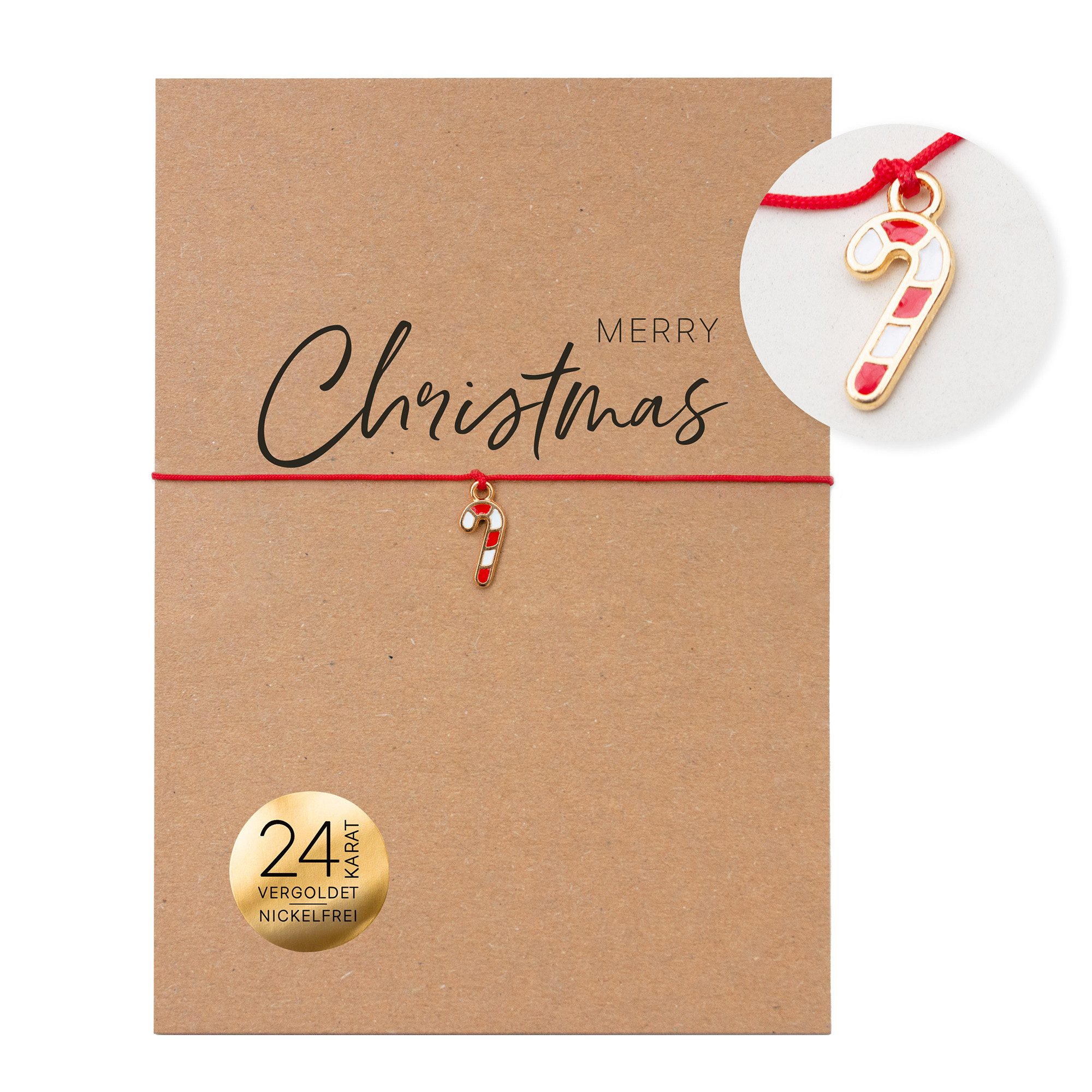 Bow & Hummingbird Charm-Armband Weihnachtsarmband Zuckerstange - rotes Armband 24 Karat vergoldet (Spruch "Merry Christmas", Auf Karte aus 100% Recyclingpapier), 24 Karat vergoldeter Anhänger