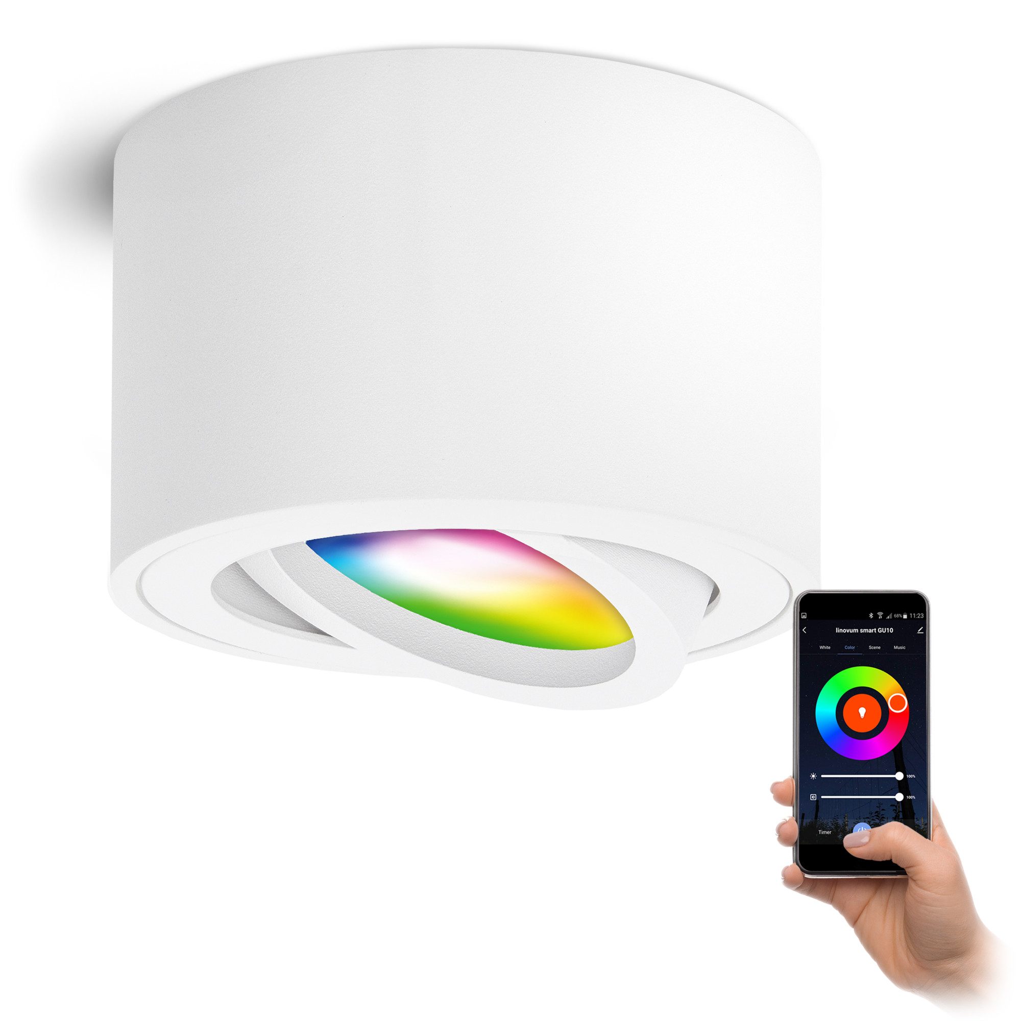 linovum Smarte LED-Leuchte SMOL Aufbauspot mit LED SMART RGB Smarthome WLAN flach schwenkbar weiß, Smart