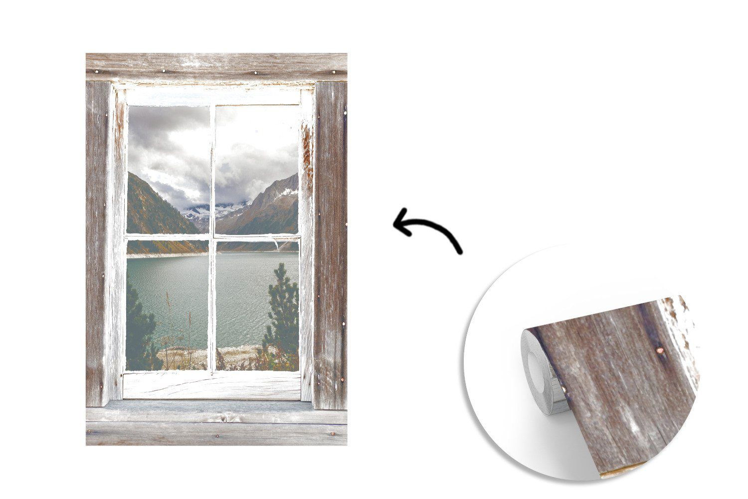 MuchoWow Fototapete Durchschaubar - Montagefertig - St), Vinyl Berge, bedruckt, Wandtapete Matt, für Tapete Holz (3 Wohnzimmer