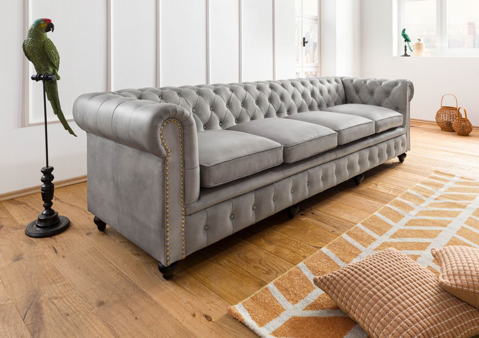 Massivmoebel24 Sofa CHESTERFIELD, Sofa 4-Sitzer Echtleder 274x82x75 grau CHESTERFIELD #204