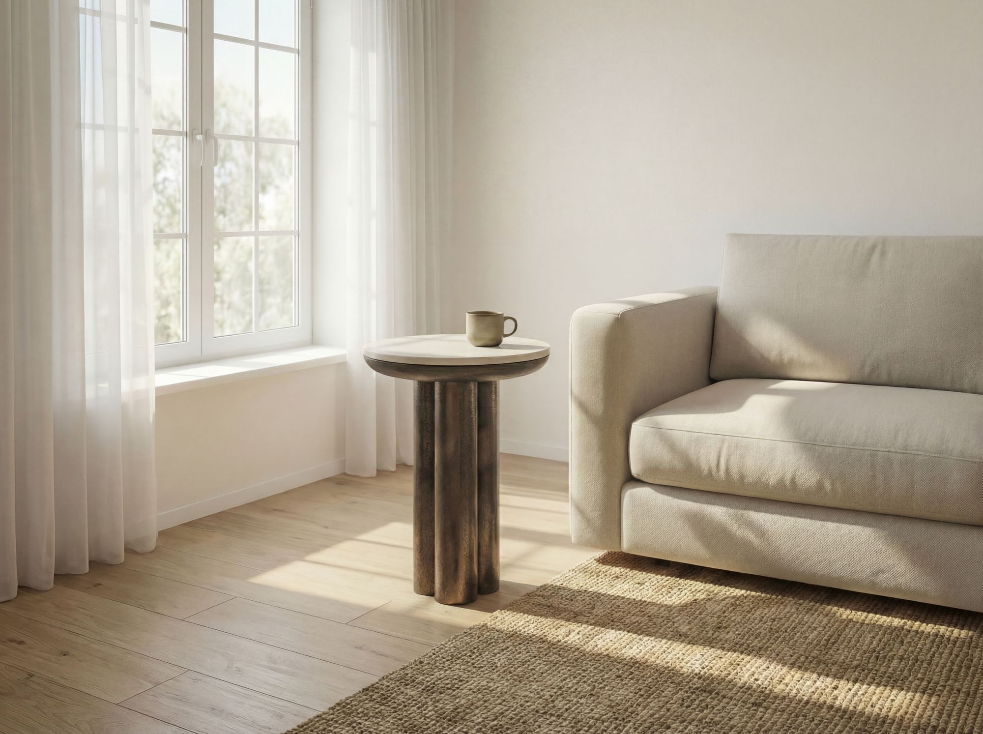 FINEBUY Beistelltisch FB116658 36cm mit Marmor Platte weiß Wohnzimmertisch Couchtisch Metall (Extravaganter Tisch in markanter Säulenoptik), Glatte Marmorplatte auf robustem Aluminium