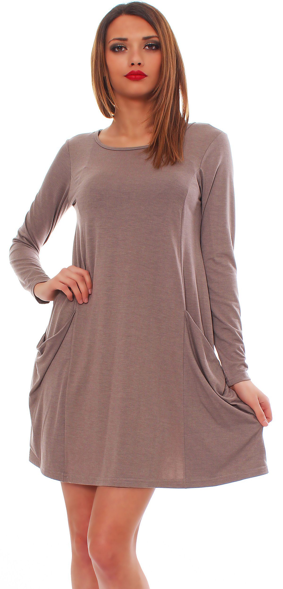 Kleid Tunika Taschen Mississhop A-Linien-Kleid Pulli mit Longshirt Tunika Minikleid Cappuccino_lang 6514