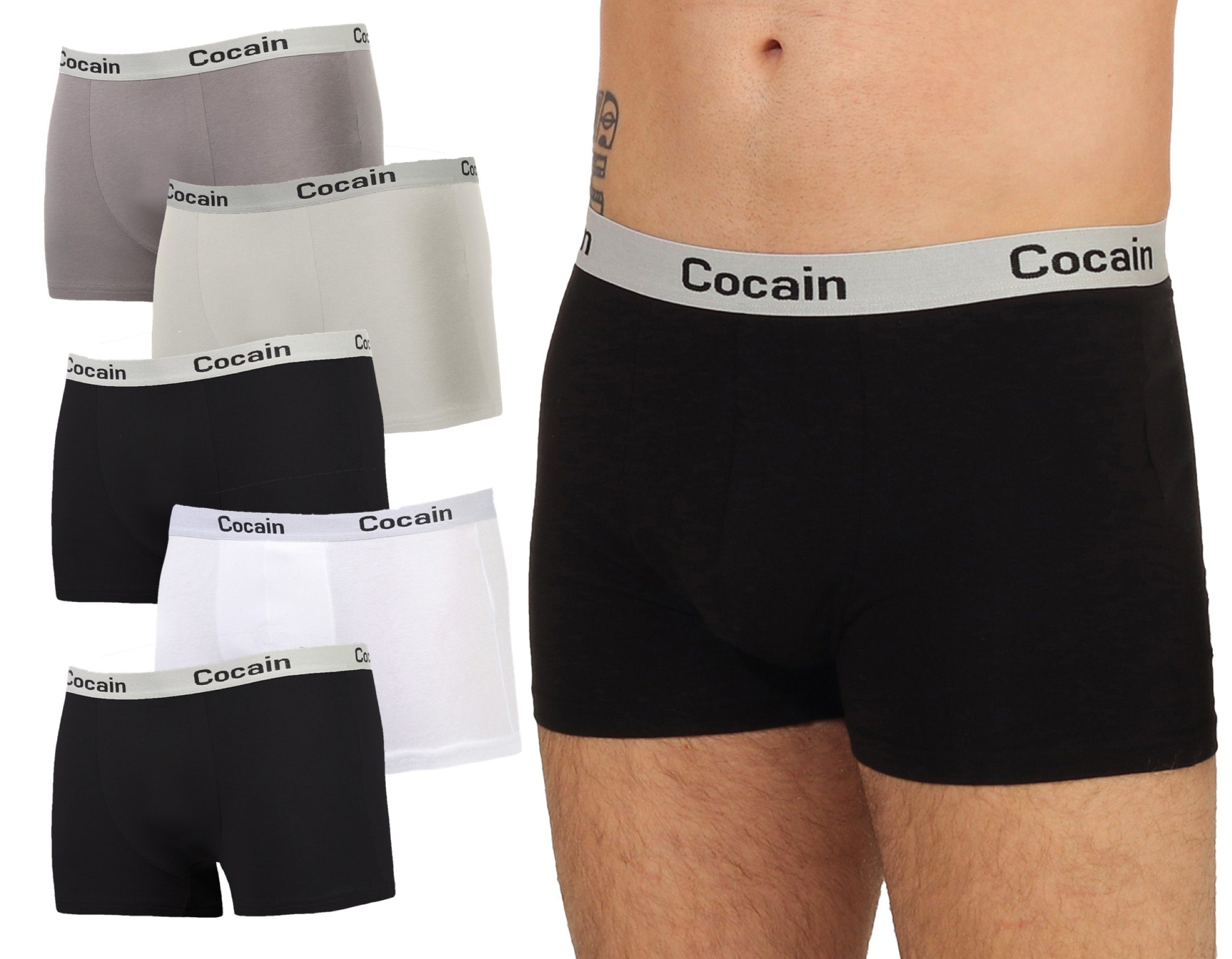 Bund Herren Spitzenqualität - Boxershorts - am (5-St., schwarz Cocain aus grau Boxershorts Logoschriftzug 5er-Pack) weiss Europa underwear
