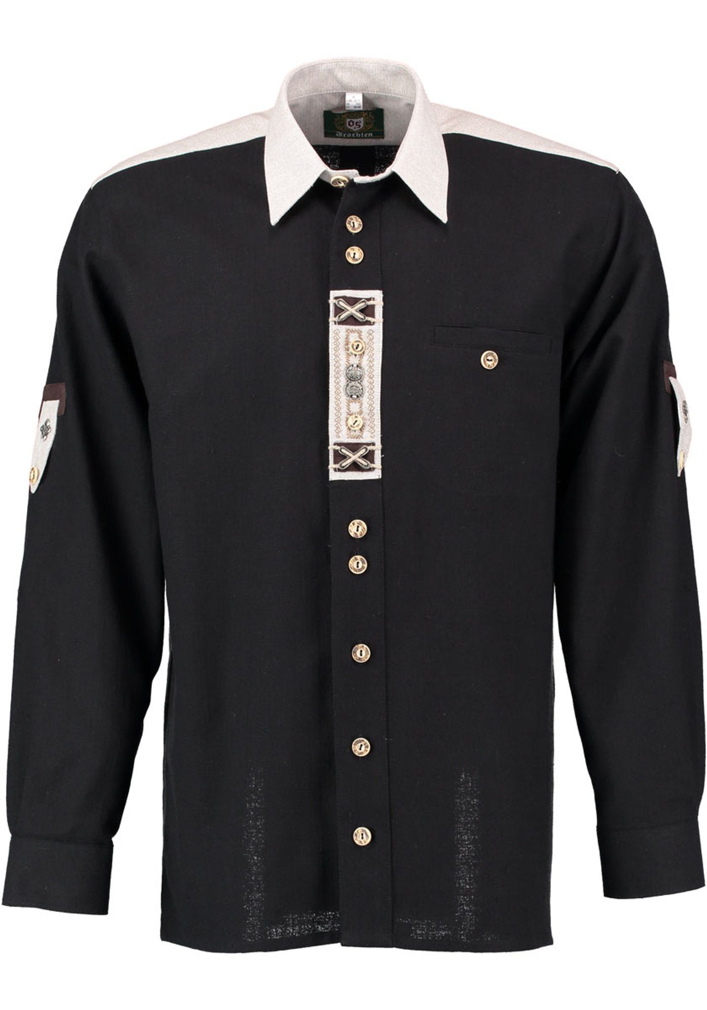 OS-Trachten Trachtenhemd Nvoion Langarmhemd mit Paspeltasche, Zierteile auf der Knopfleiste schwarz