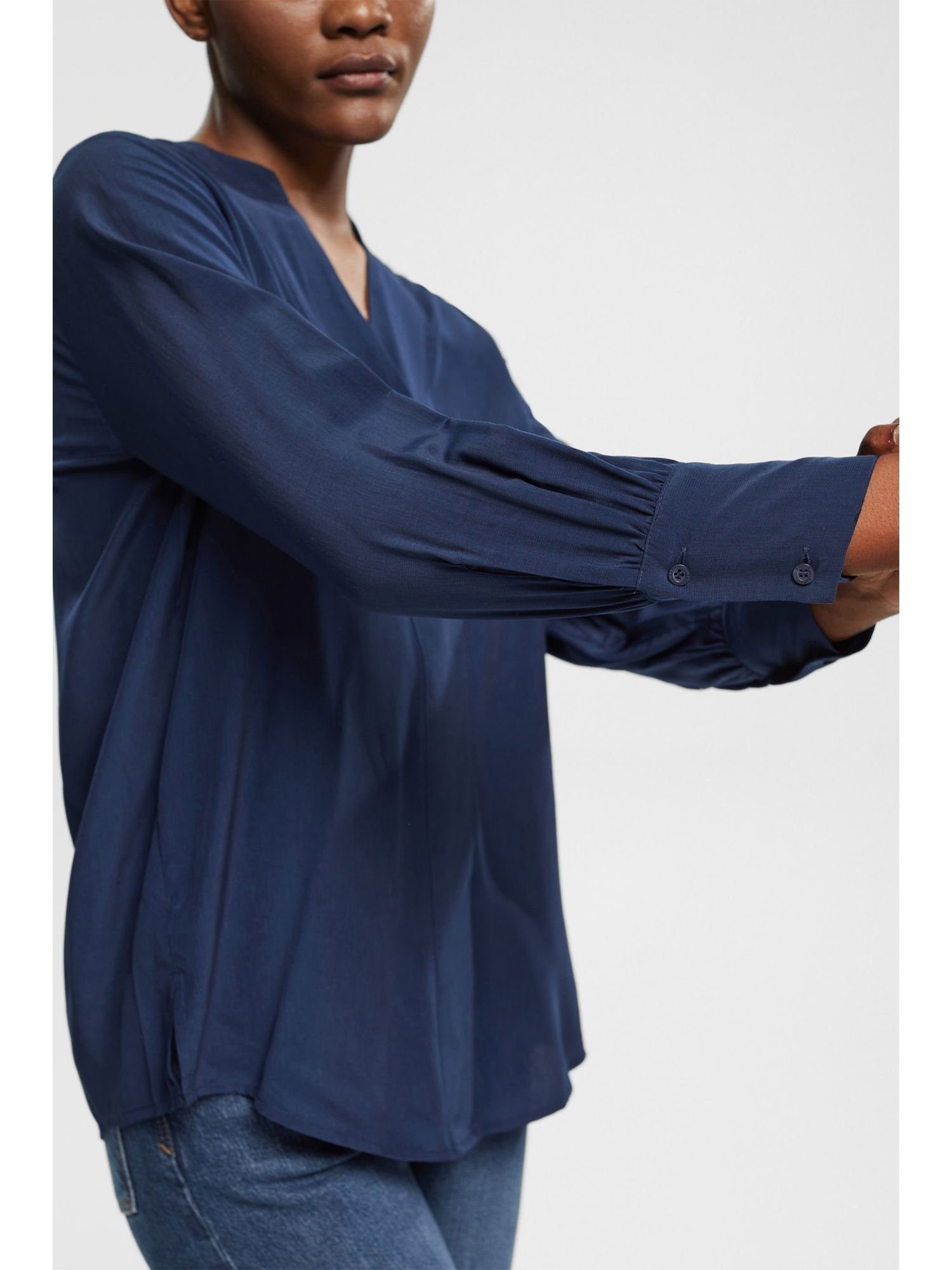 Esprit ECOVERO™ V-Neck, mit LENZING™ Langarmbluse NAVY Bluse