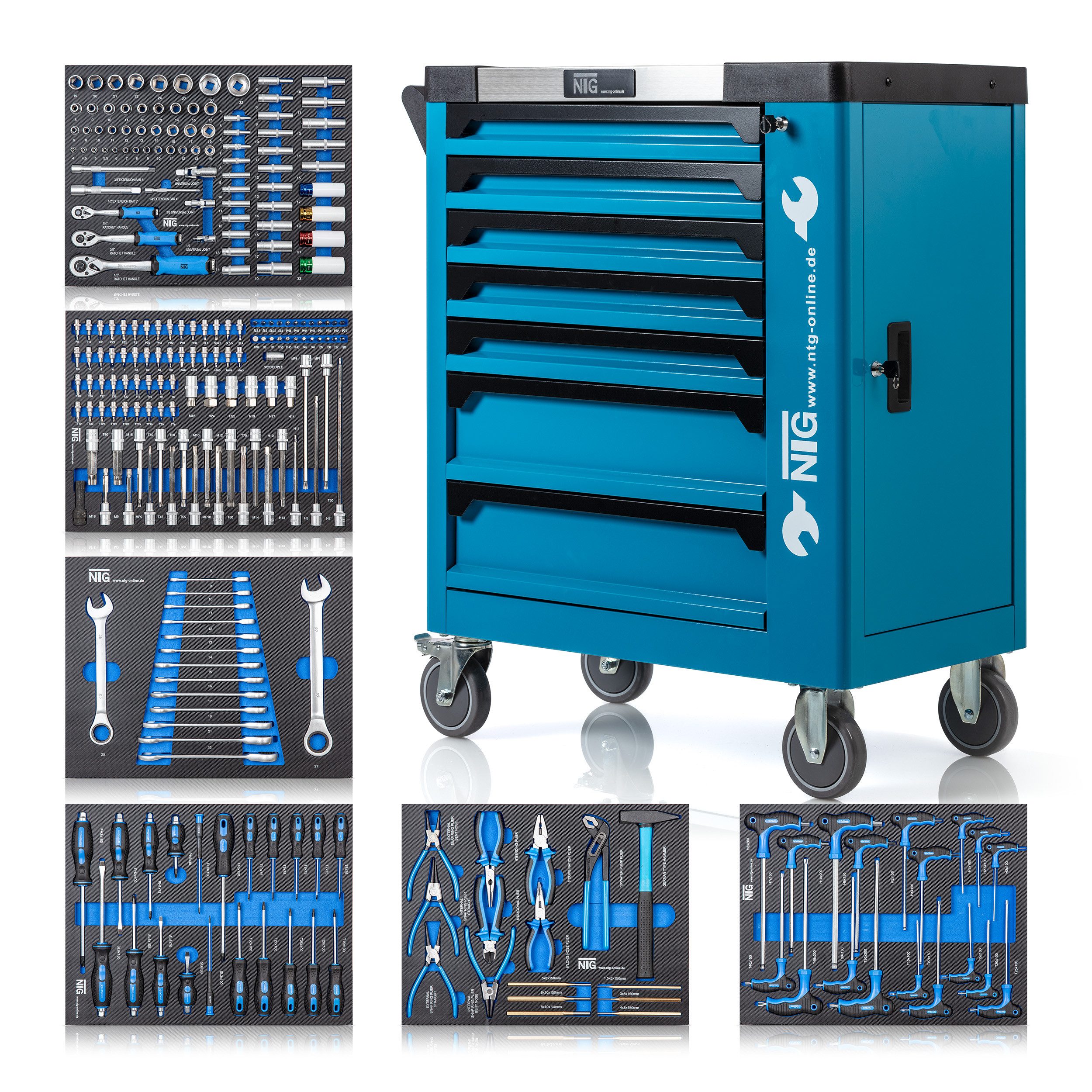 NTG Nutzfahrzeug Technik GmbH Werkstattwagen 7 Schubladen, 252 Teilig Werkzeugkiste Werkzeugkasten befüllt, 252-tlg. Werkzeugset, (252-tlg), Soft Inlays in Carbonoptik