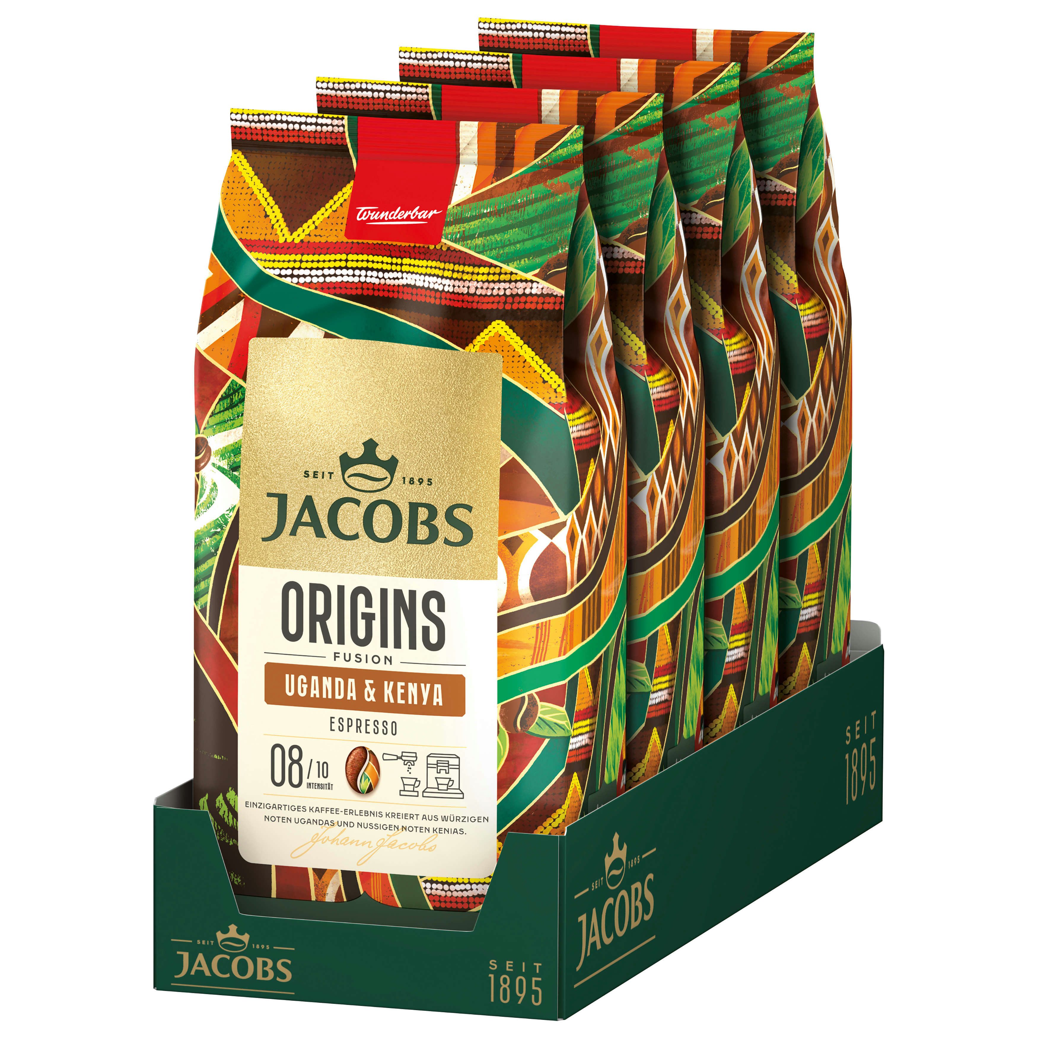 JACOBS Kaffee Kaffeebohnen Origins Uganda & Kenya ganze Bohne 4 x 1 kg Bohnenkaffee, 4000 g, (Packung, 4er Pack)