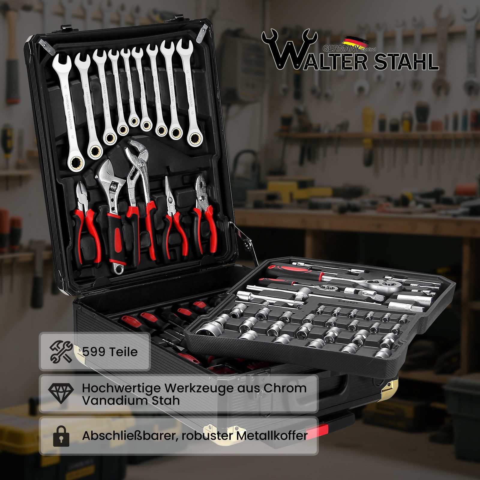 Walter Stahl Germany control Steckschlüssel Steckschlüsselsatz 108 tlg-599 tlg Ratschenkasten 1/4"+1/2"+3/8" (Packung, 599 St., 108/172/215/409/599-tlg), Mit Ratschen, Steckschlüssel und Bitsatz,Steckdosen,Werkzeugkoffer