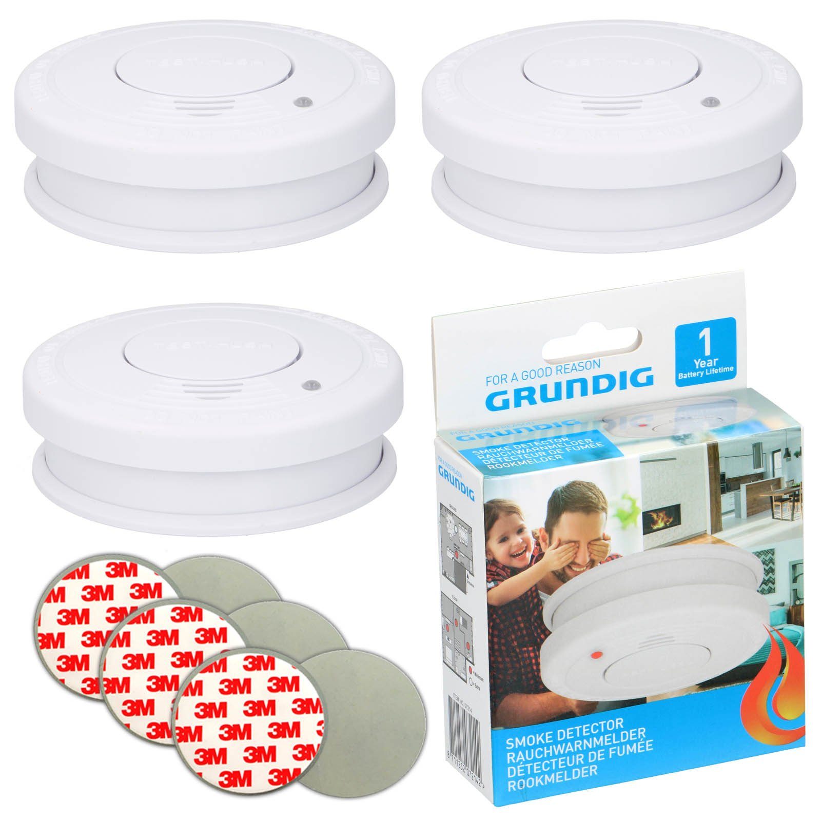 Grundig 3x Rauchmelder 85dB Inkl. 9V Batterie + 3M Klebepad Set Feuermelder Rauchmelder (inklusive Montagematerial und Anleitung)