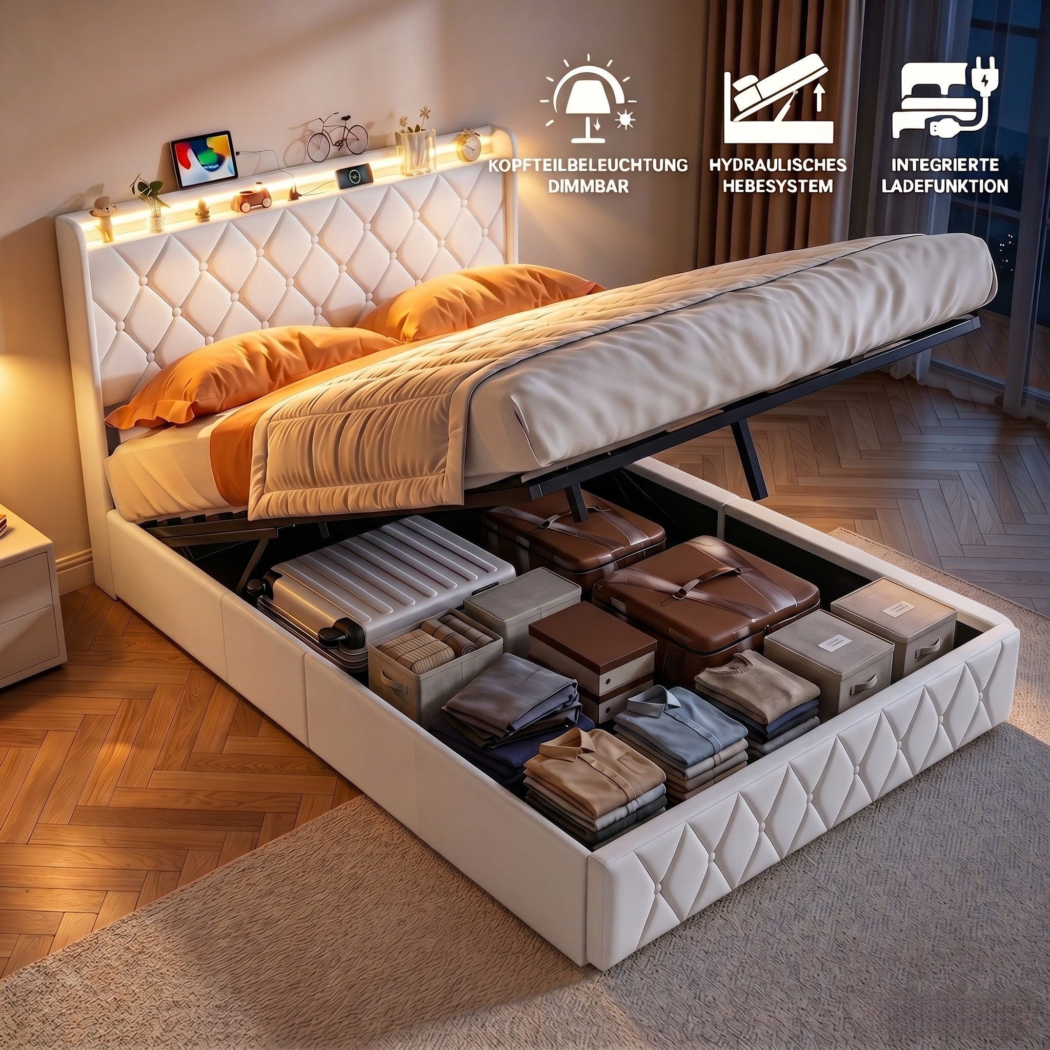 Furnishings Home Polsterbett Stauraumbett mit LED Ladefunktion Bettkasten (Samtmaterial Polsterbett mit RGB Beleuchtung, 140x200 cm), Inkl. Hydraulisches Stauraum, Type-C + USB Ladeanschluss