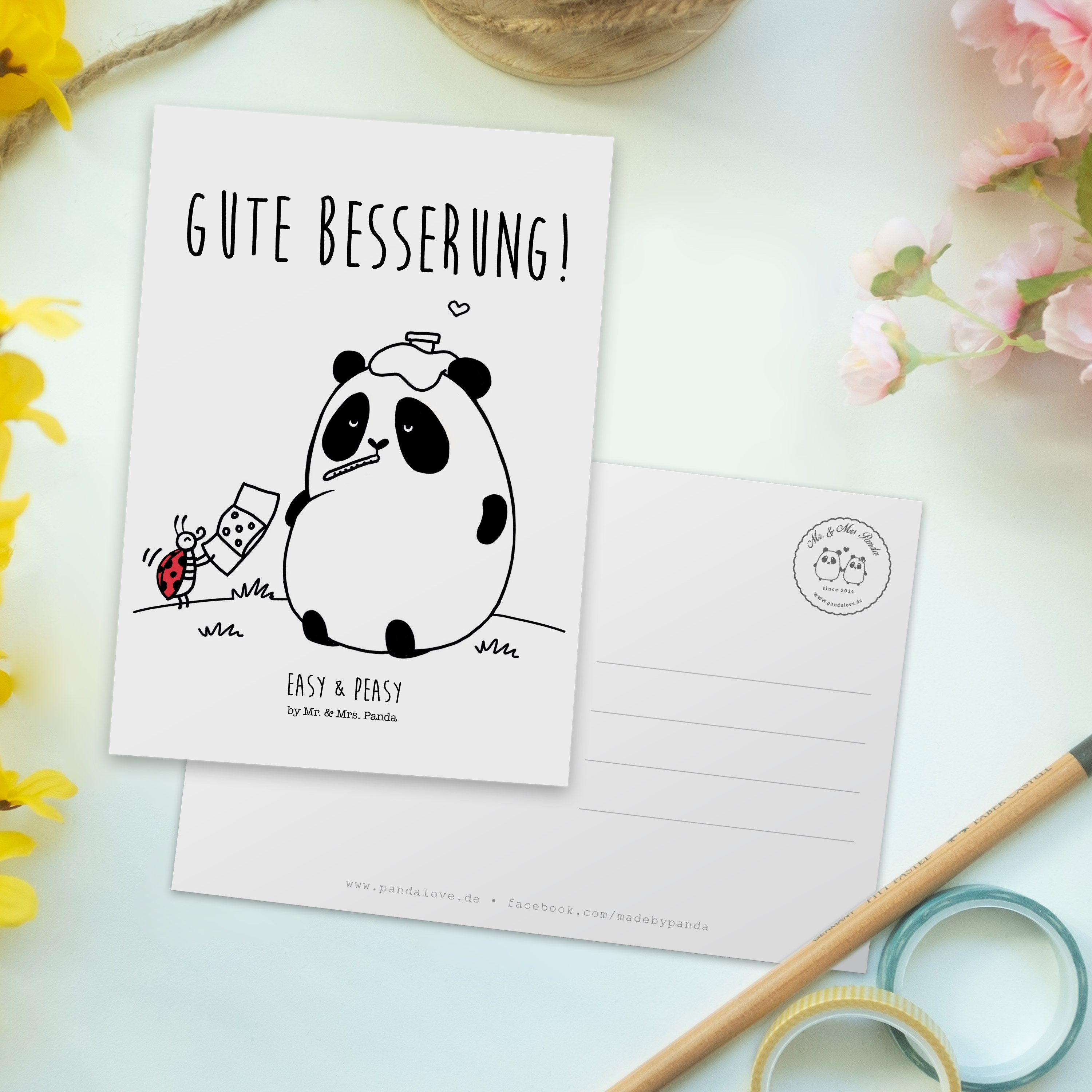 Mrs. - Easy Geschenk, Peasy Panda Einladung, Besserung Postkarte Weiß - Mr. & Gute & Grußkarte
