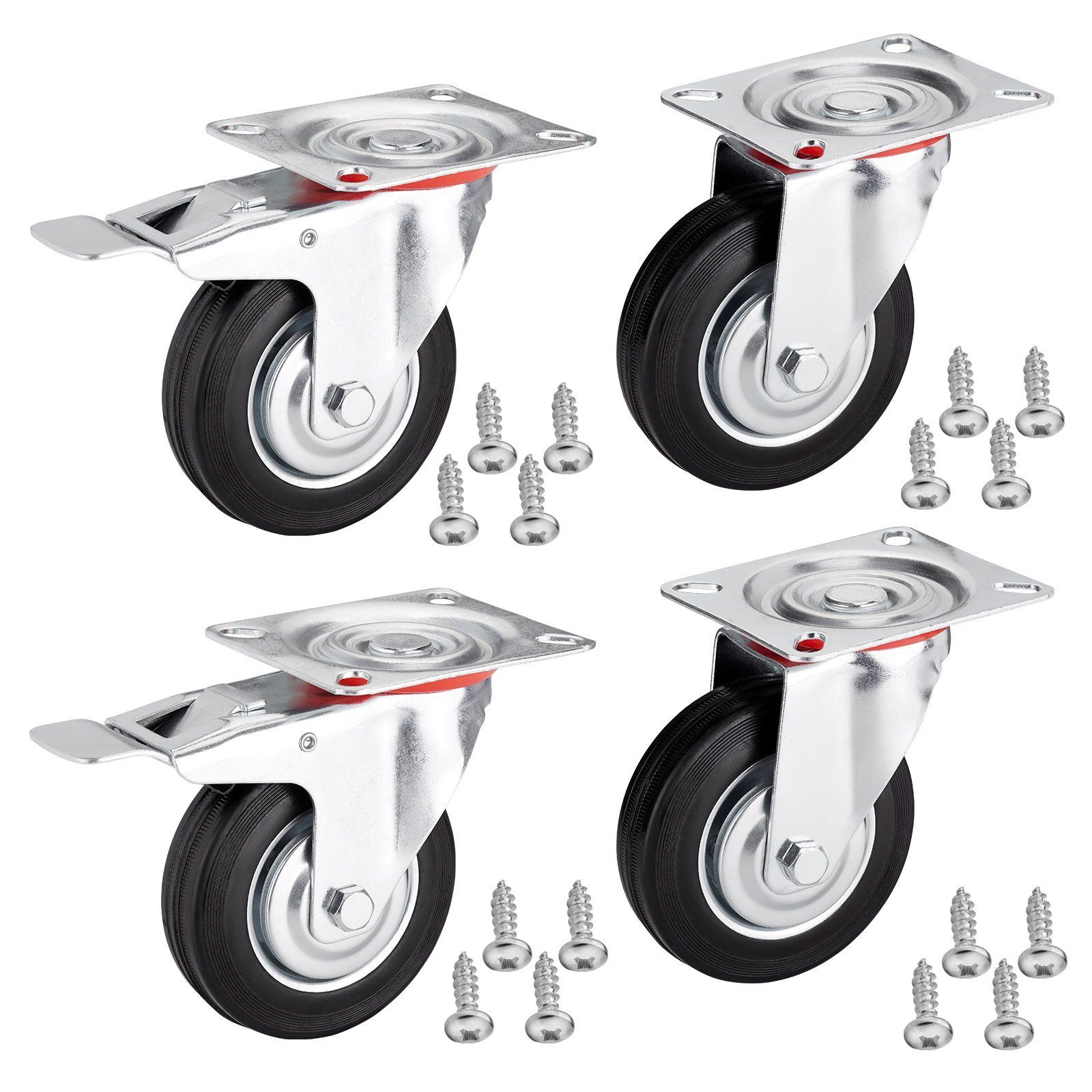 SO-TECH® Schwerlastrolle 4er Set Transportrollen RED, 75 - 100 mm, inkl. Schrauben, 2x Lenkrollen, 2x Lenkrollen mit Bremse Ø 100 mm bis 360 kg