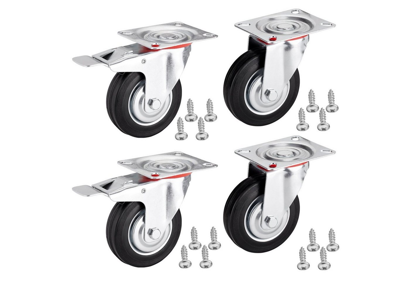 SO-TECH® Schwerlastrolle 4er Set Transportrollen RED, 75 - 100 mm, inkl. Schrauben, 2x Lenkrollen, 2x Lenkrollen mit Bremse Ø 100 mm bis 360 kg