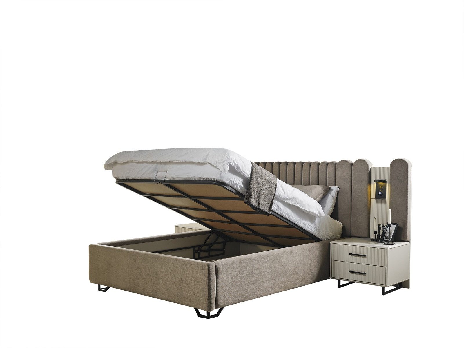 Villa Furniture Black Line Box Spring Bed, Upholstered Headboard, Calm Look, Sturdy Metal Feet