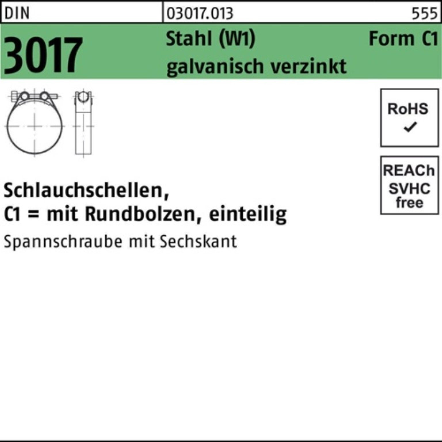 Reyher Schlauchschelle 100er Pack Schlauchschelle - Eigenschaften: Weitere Schlauchschellen FormC1 Rundbolzen · 3017 97/25 StückDIN · galvanisch 3017 C1 Durchm Stahl technische C1 25 Typ: Stück) W1 (W1) 91- (25 einteilig Abmessung: 91- verzinkt galv.verz. mit VE=S · Stahl · DIN 97/25 Form