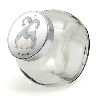 Mr. & Mrs. Panda Vorratsglas XL 2000ml Pinguine Kuscheln - Weiß - Geschenk, Keksbehälter, Müslidos, Premium Glas, (1-tlg), Hochwertiger Druck