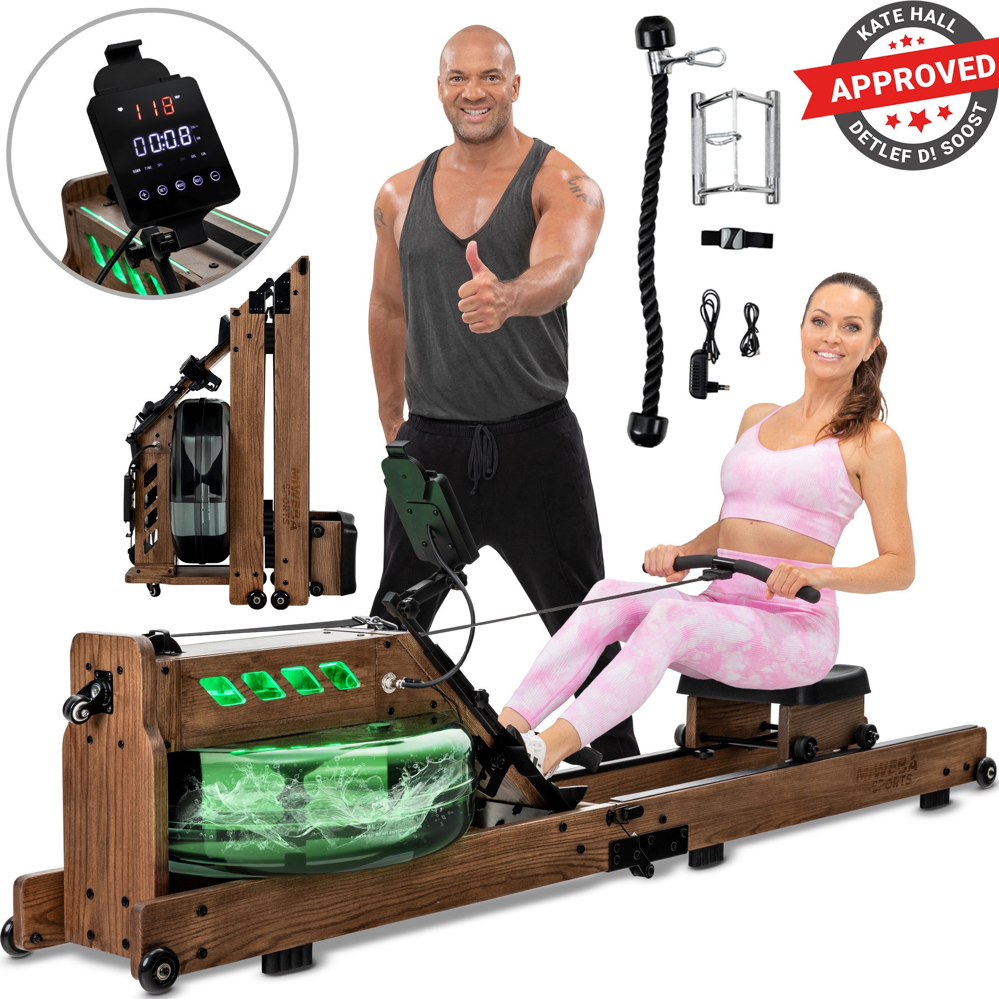 Miweba Sports Rudergerät Wasser-Rudergerät MR700 Pro (Set, klappbar, Rudermaschine, Ganzkörpertrainer), klappbar, 3 Trainingsgriffe, beleuchteter, Pulsarmband