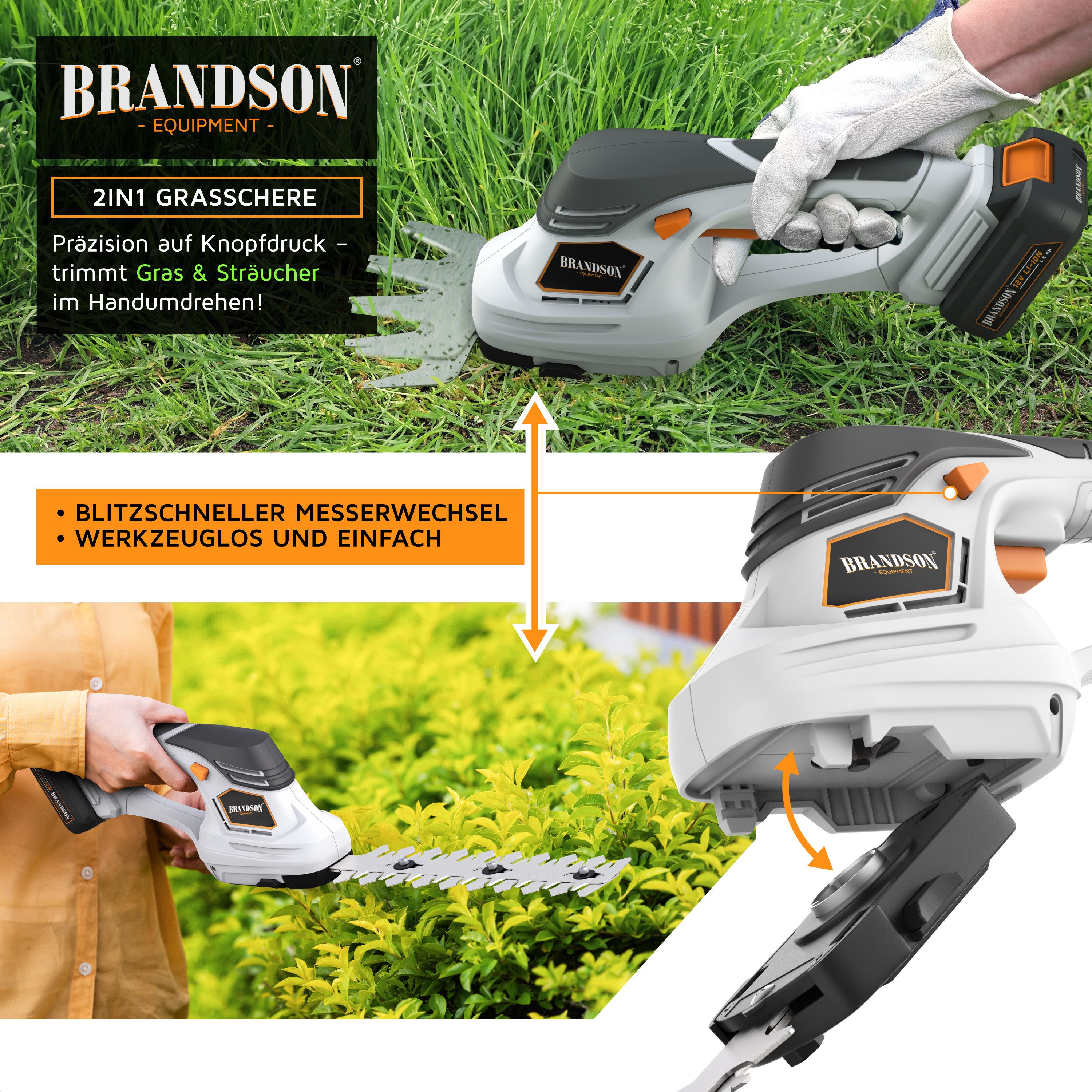 Brandson Akku-Grasschere 2in1 mit Grasmesser und Strauchmesser, inkl. Akku und Ladegerät, bis 1,3 m Arbeitshöhe, (1 St), Garten Strauchschere, Elektrogartensche – Bild 5 von 5