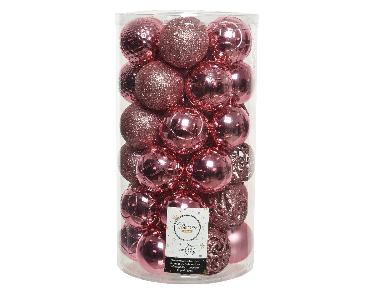 Kunststoff 37er Mix Ornamente season Decoris decorations Set Weihnachtsbaumkugel, Lippenstiftrosa 6cm Weihnachtskugeln