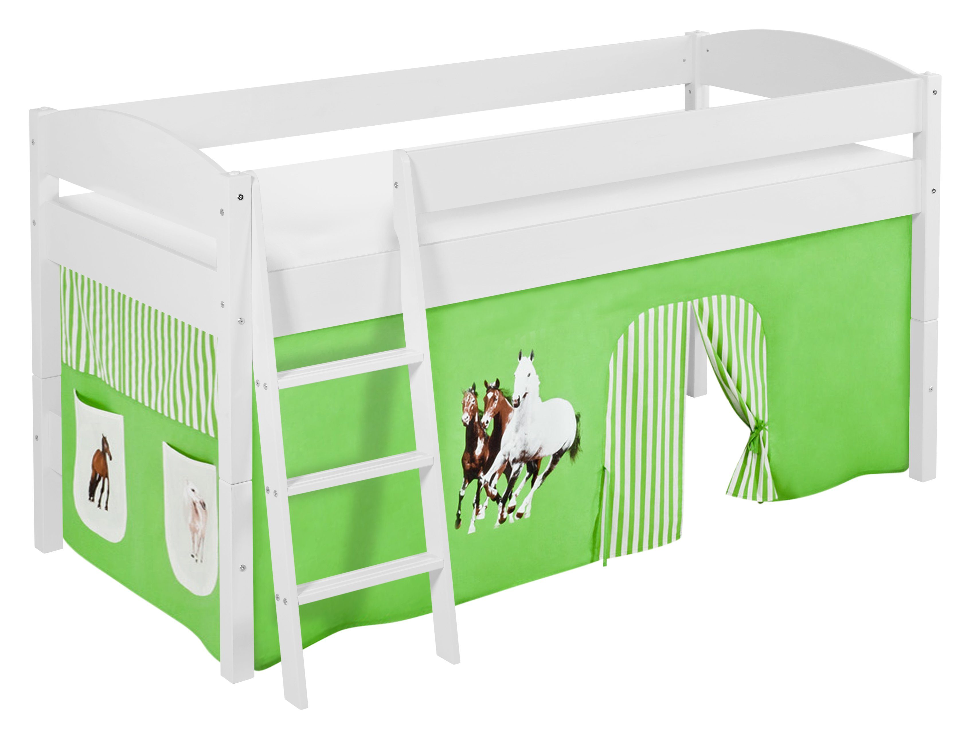 Lilokids Hochbett Hochbett IDA 4105 - Teilbares Systemhochbett weiß mit Vorhang inkl. Leiter und Vorhang