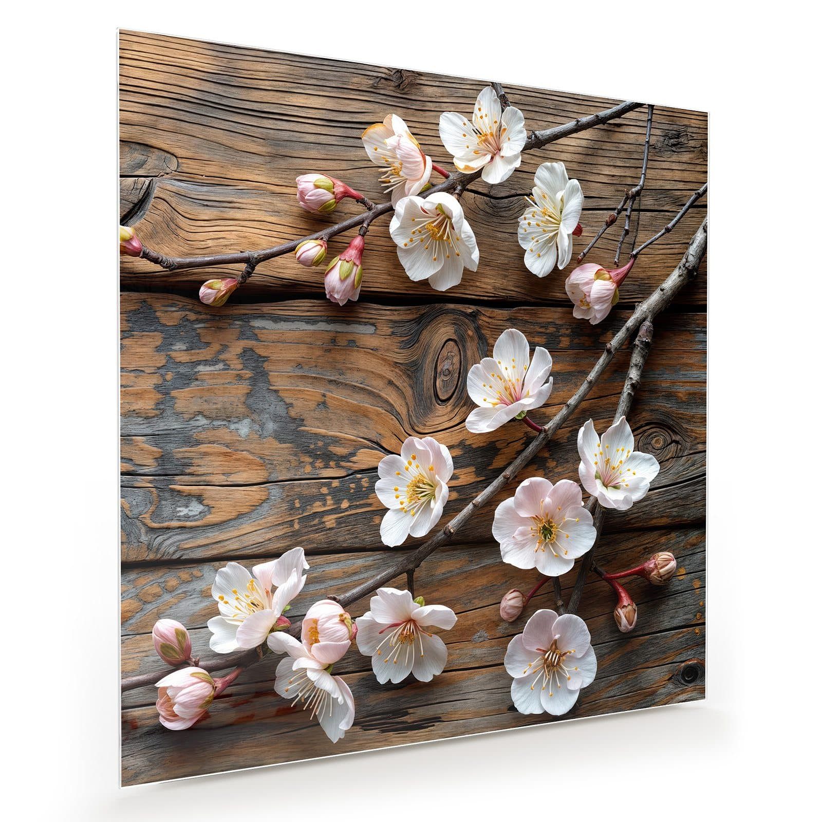 Primedeco Glasbild Wandbild Quadratisch Kirschblüten Holz mit Aufhängung, Holz (21 verschiedene Größen, 1 St), Elegante Aufhängung