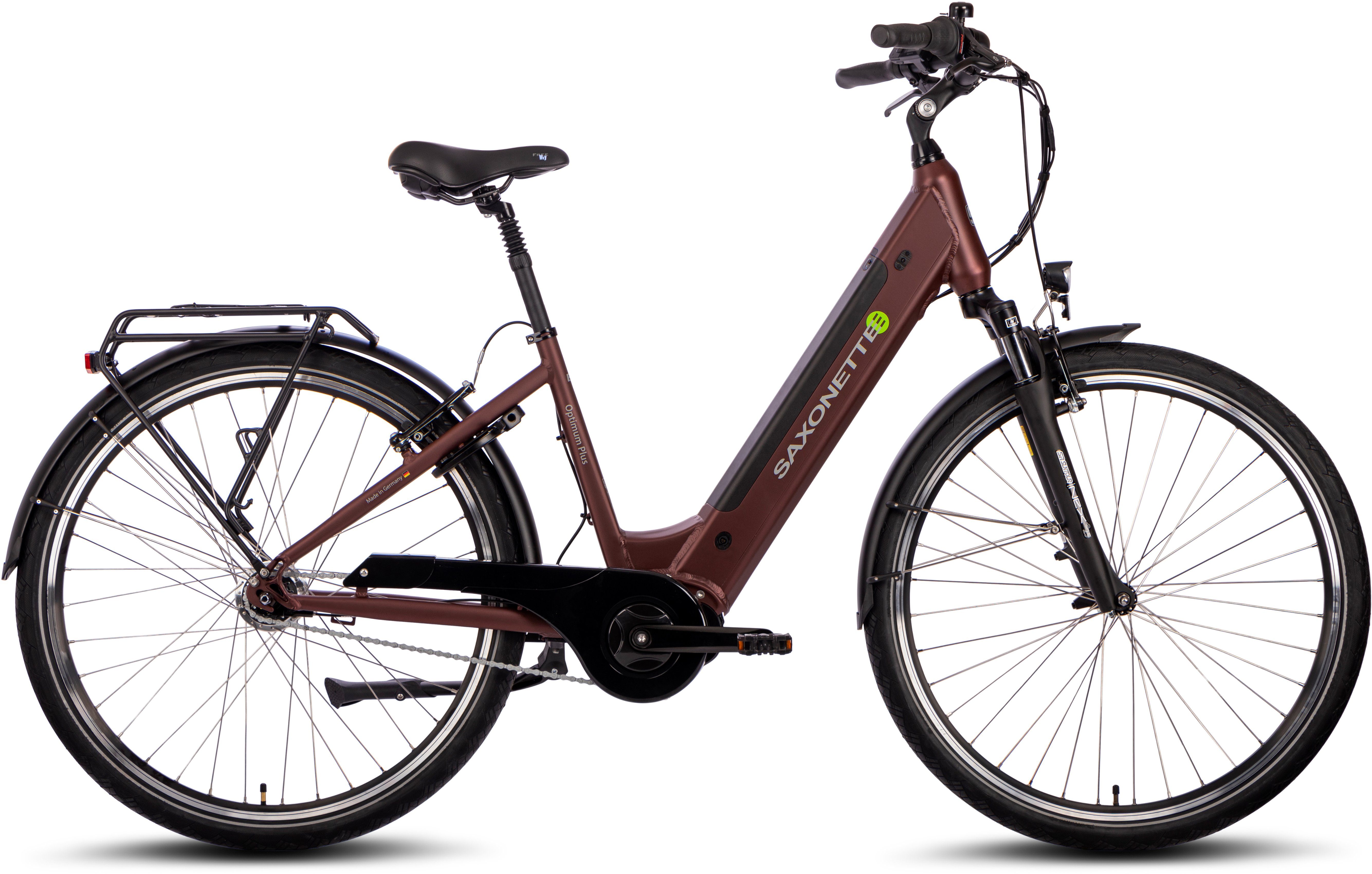 SAXONETTE E-Bike Optimum Plus, 7 Gang, Nabenschaltung, Mittelmotor, 418 Wh Akku, E-Bike Citybike, integriertes Rahmenschloss, Pedelec