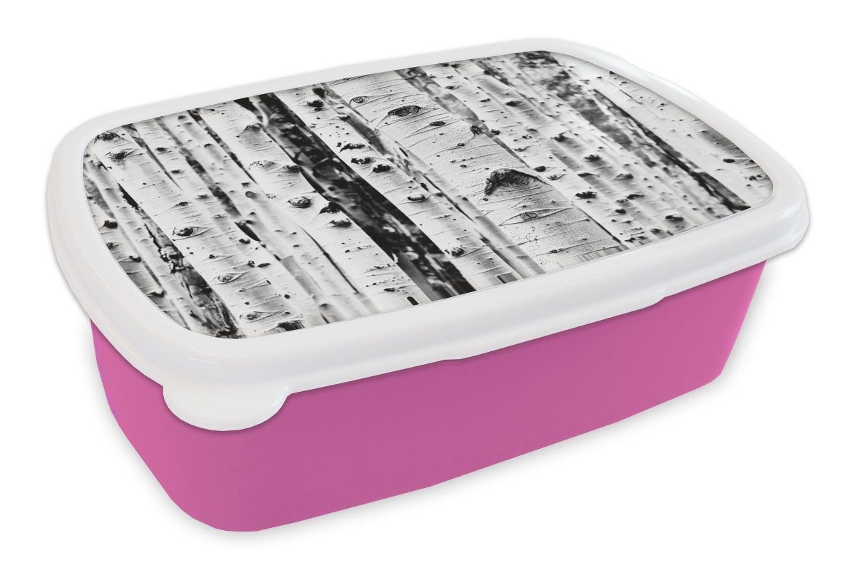 MuchoWow Lunchbox Bäume - Holz - Schwarz und weiß - Natur, Kunststoff, (2-tlg), Brotbox für Erwachsene, Brotdose Kinder, Snackbox, Mädchen, Kunststoff rosa