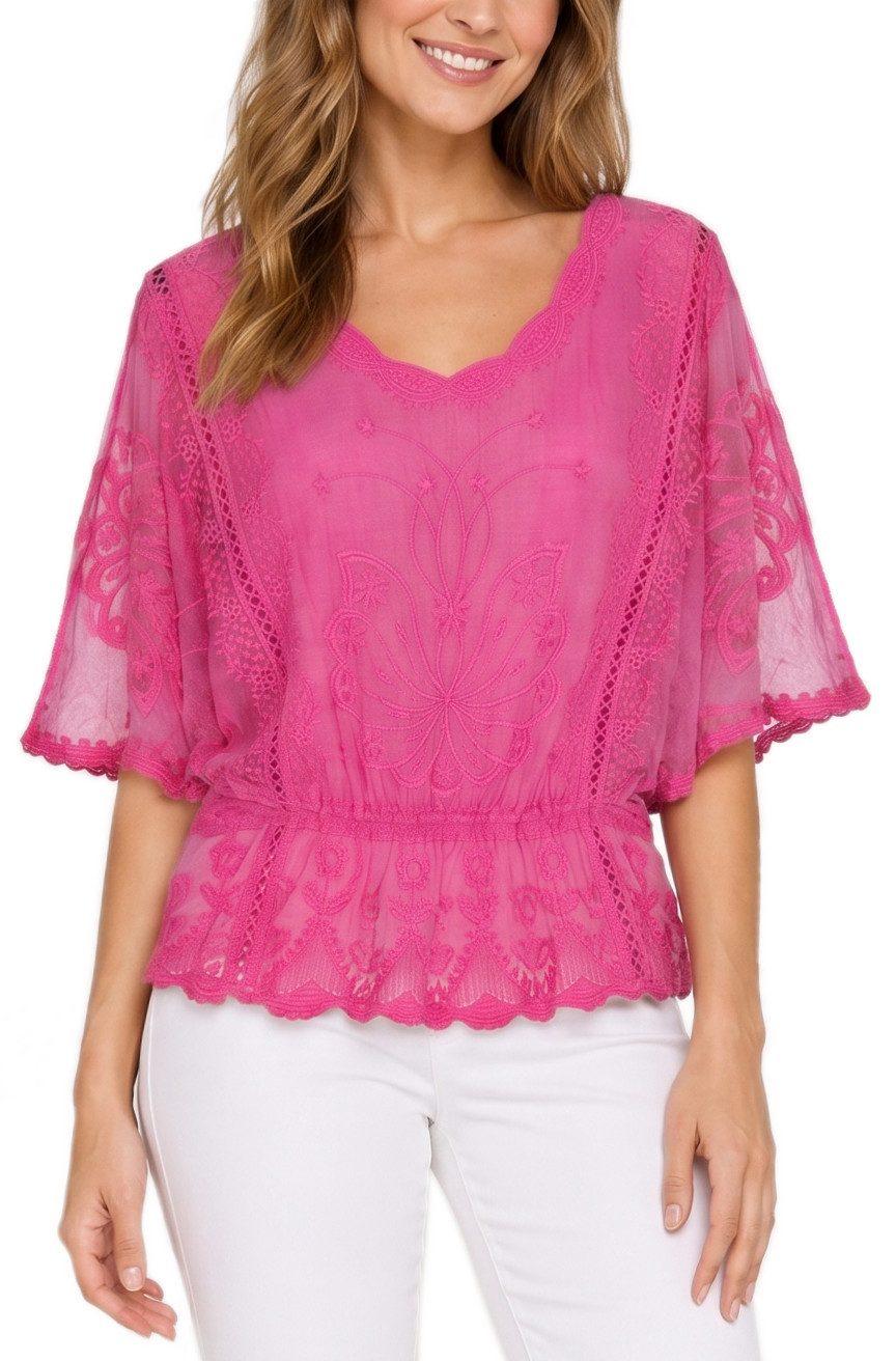 dy_mode Spitzenbluse Damen Sommerbluse mit Spitze Kurzarm Oberteil Einfarbig Transparent in Unifarbe, transparenten Ärmel