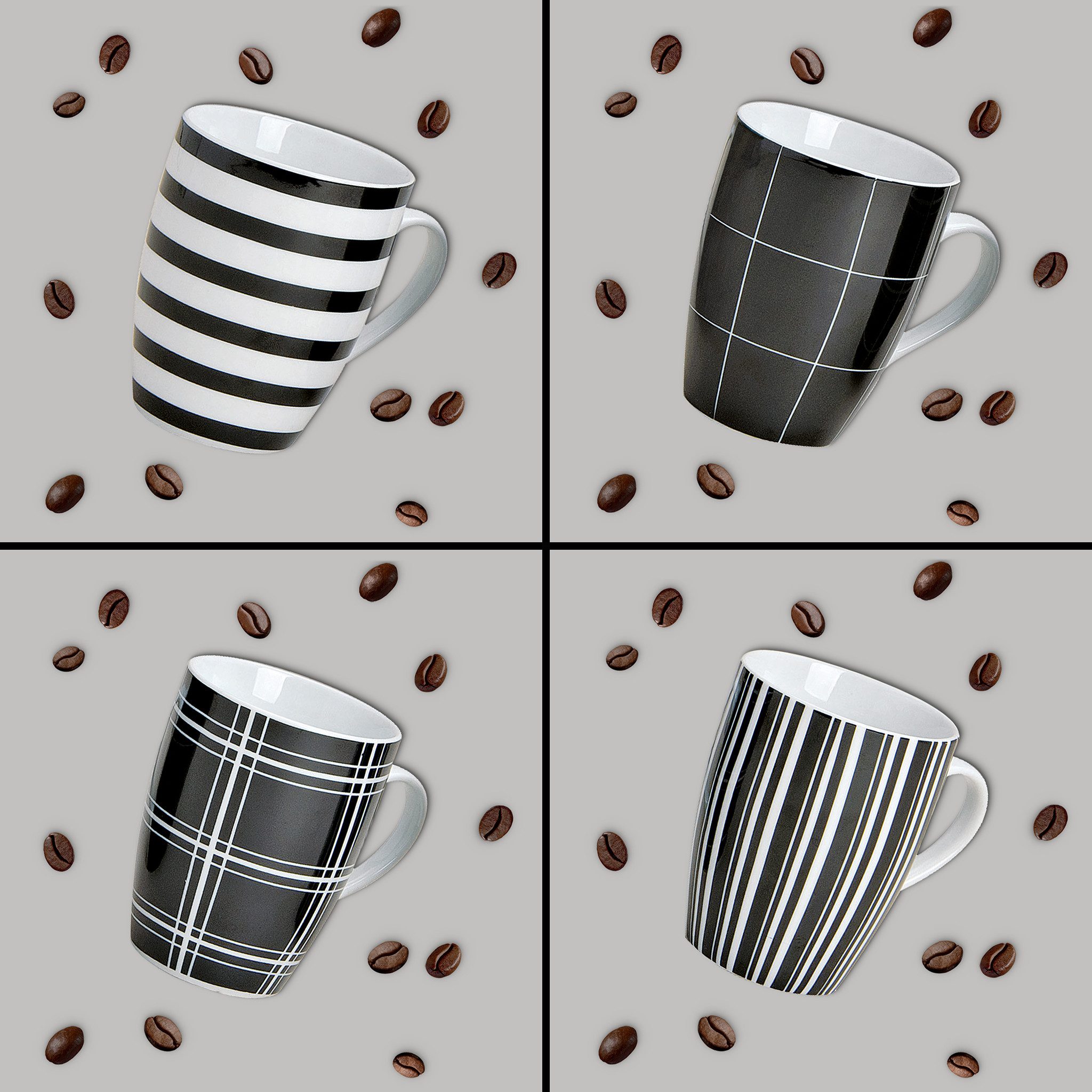matches21 HOME & HOBBY Tasse Kaffeetassen 4er Set Streifen & Karo-Design, 4-tlg., Porzellan, Tee Kaffee-Becher, klassisch, schwarz weiss gestreift, 300 ml