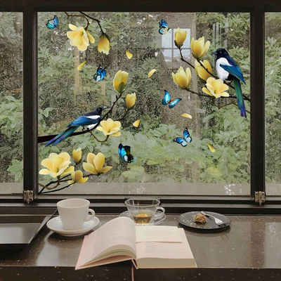 Juoungle Fensterbild 2 set Statische Fensteraufkleber,Frühlingsblume,Vogel,Schmetterling, elektrostatische Aufkleber, ohne Spuren zu hinterlassen