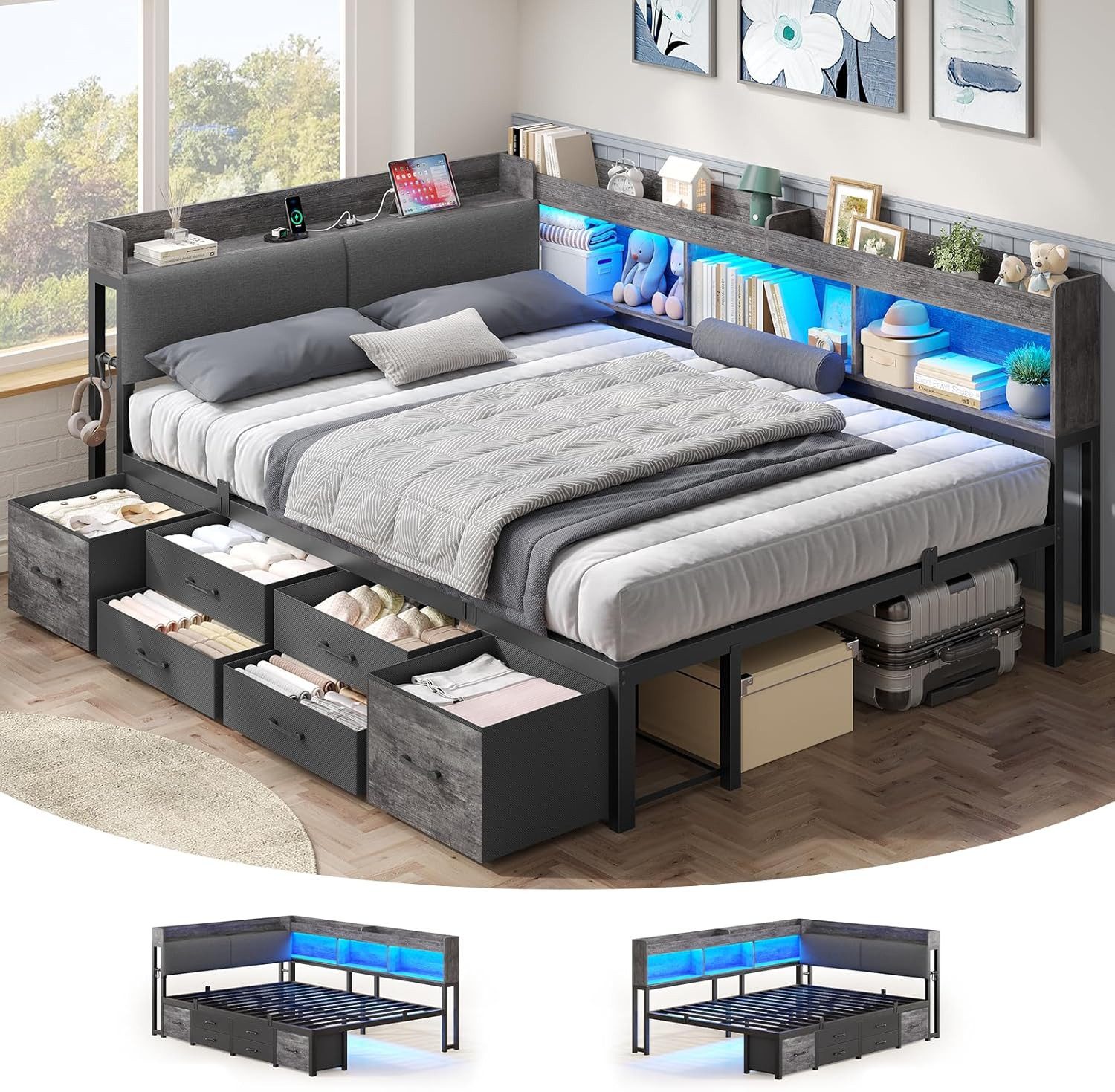 MSMASK Daybett Tagesbett Schlafsofa mit LED-Beleuchtung & Ladestation, Jugendbett mit 6 Staufächern und 6 Schubladen – Liegefläche 140x200 cm