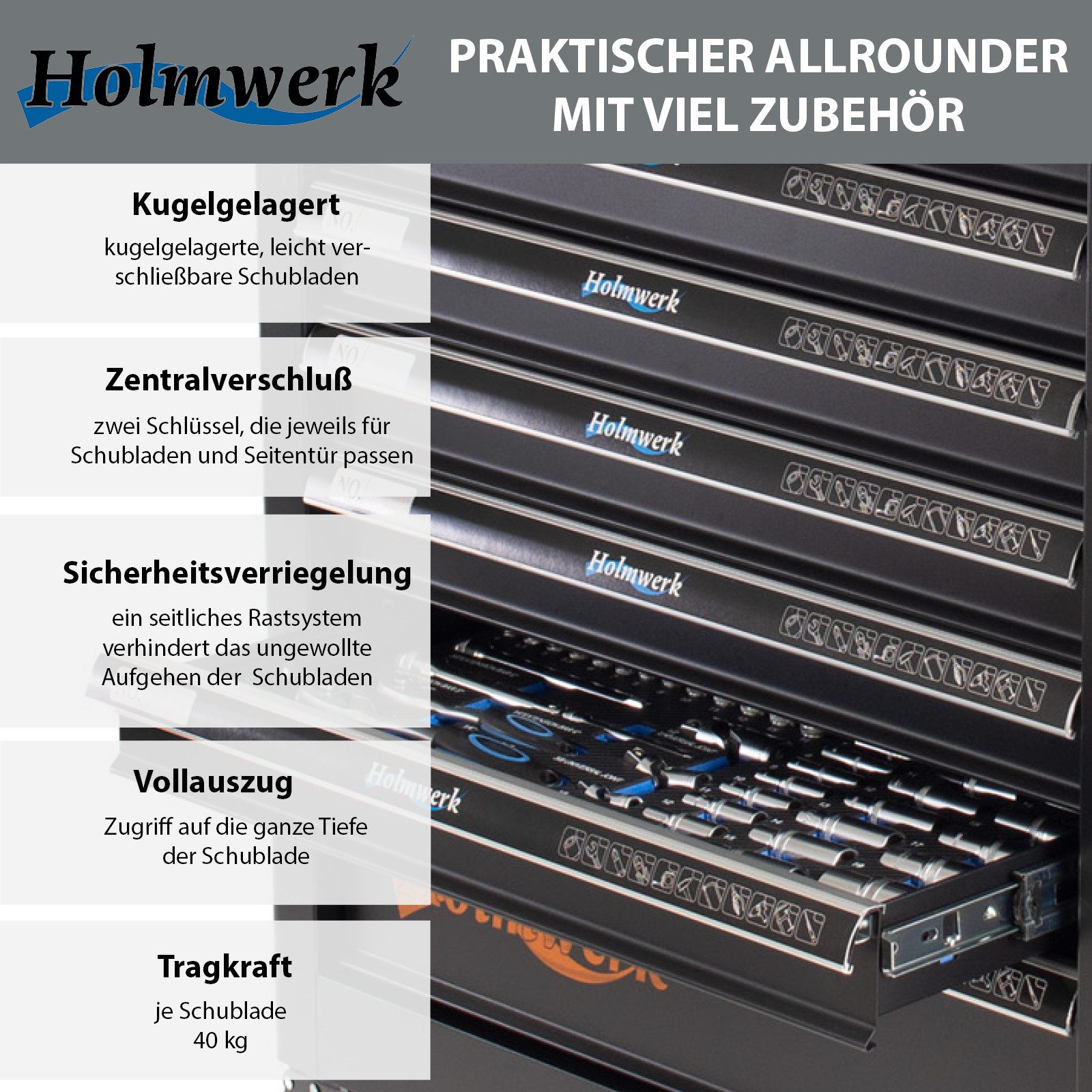Holmwerk Werkstattwagen Werkstattwagen 252 tlg.bestückt 7 Schubladen Vollauszug Werkzeugwagen, auf Rollen, Chrom-Vanadium,7 Schubladen,Softclose,abschließbar