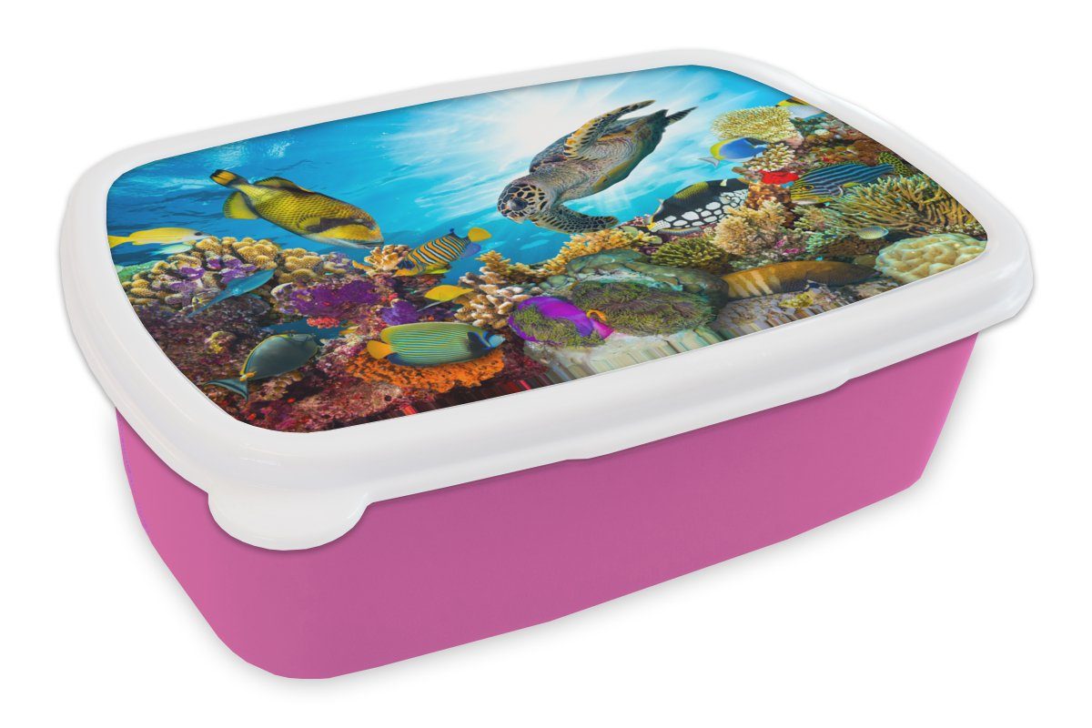 MuchoWow Lunchbox Schildkröte - Meer - Koralle, Kunststoff, (2-tlg), Brotbox für Erwachsene, Brotdose Kinder, Snackbox, Mädchen, Kunststoff rosa