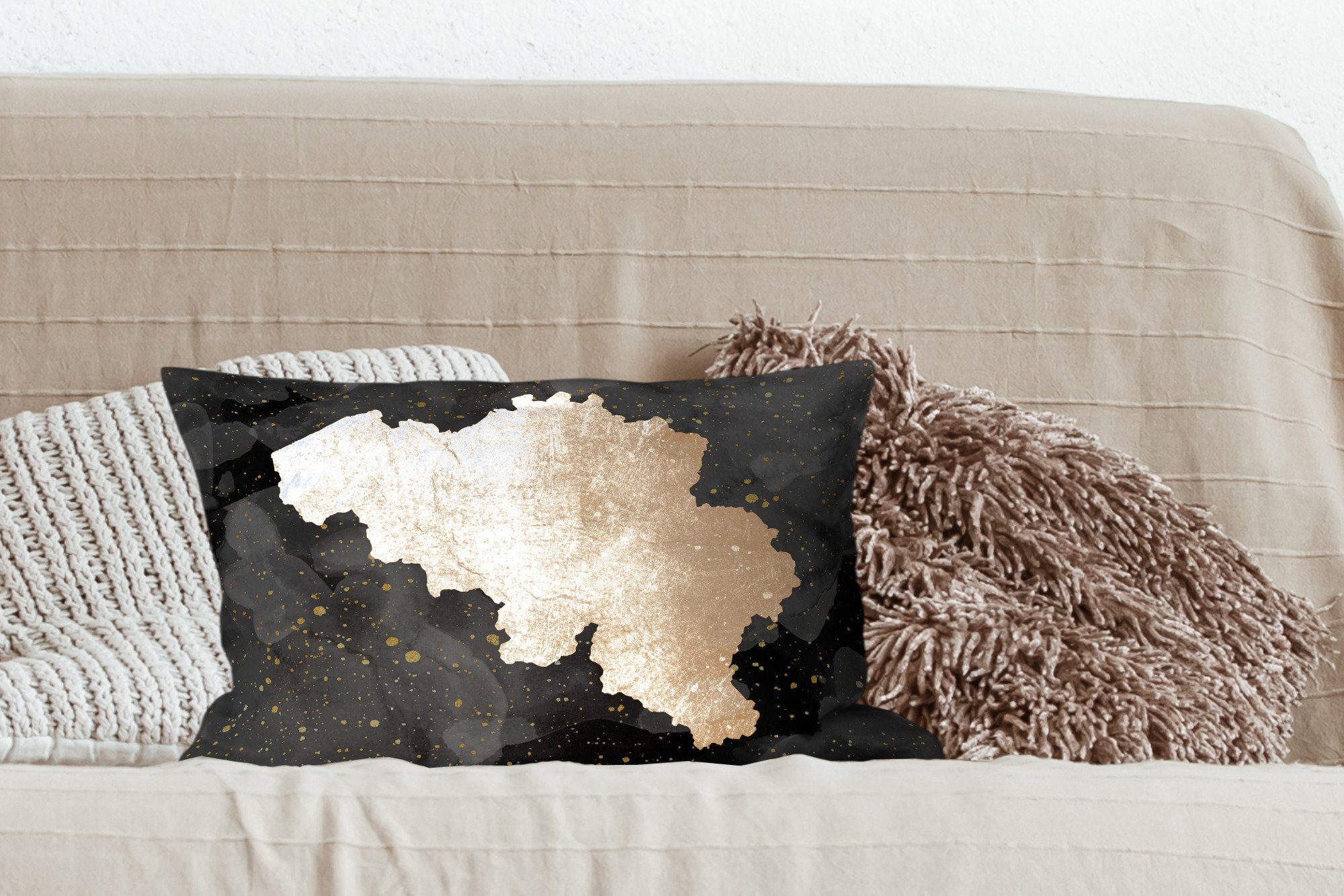 Dekokissen - Wohzimmer Belgien MuchoWow Dekoration, mit Karte - Füllung, Schlafzimmer Zierkissen, Dekokissen Gold,
