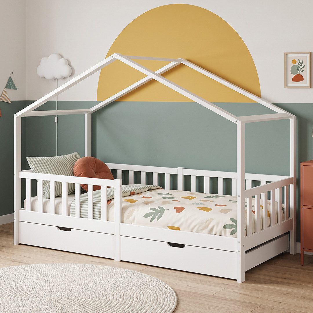 Bellabino Kinderbett Bia mit Rausfallschutz & Lattenrost (weiß, mit zwei Schubladen), Kinderbett aus Kiefernholz, verfügbar in 80x160/90/120/140x200 cm