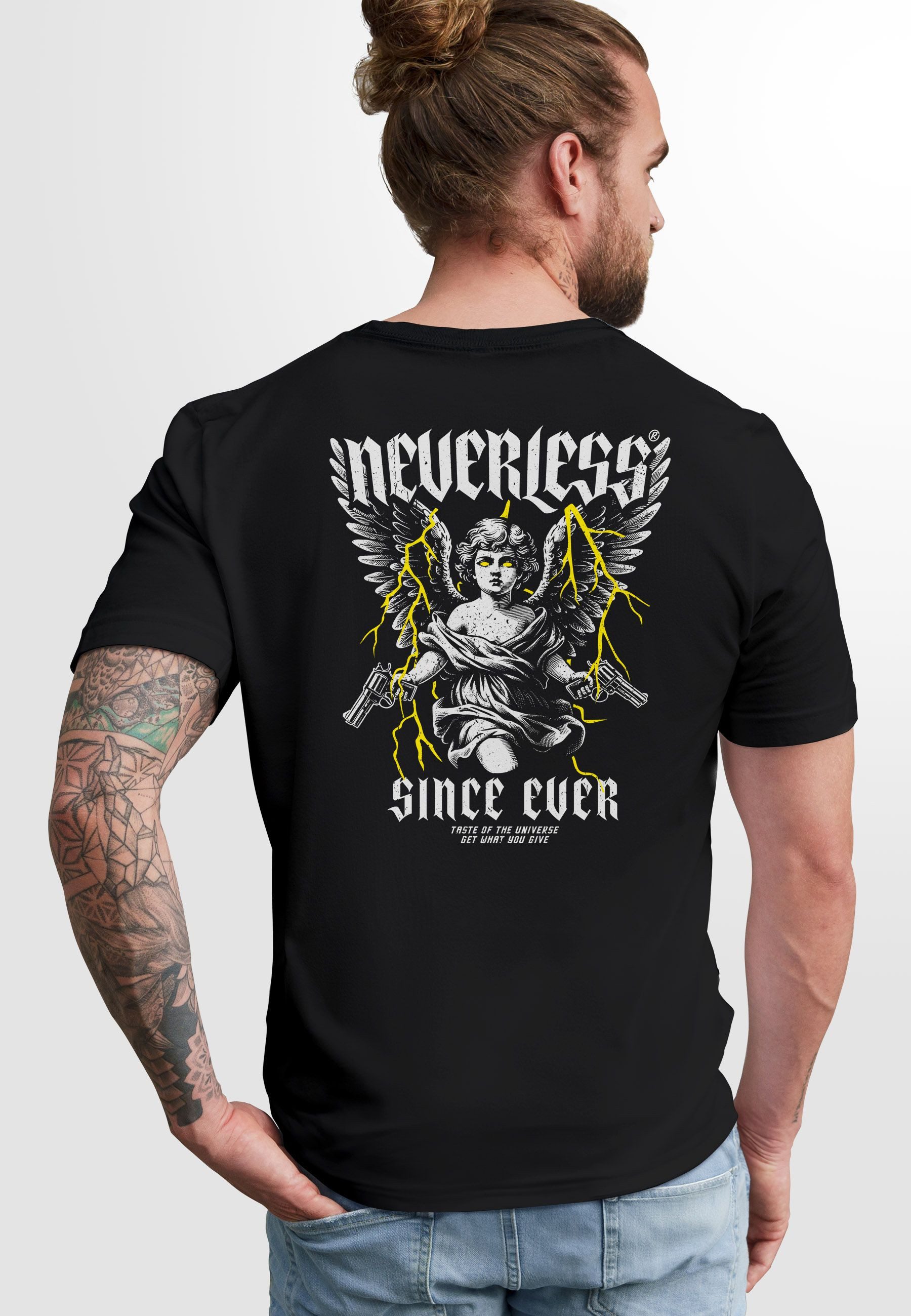 Neverless Print-Shirt Herren T-Shirt Backprint Engel Tattoo Style Schrift A günstig online kaufen