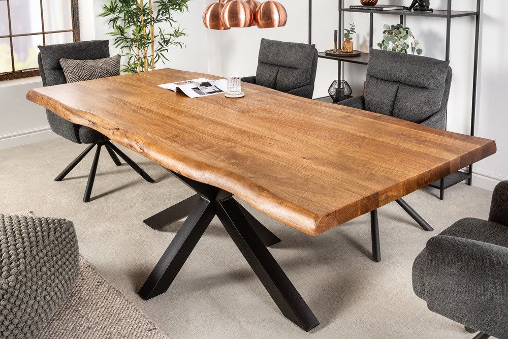 riess-ambiente Baumkantentisch MAMMUT NATURE 220cm honigfarben (natur) / schwarz (Einzelartikel, 1-St), Massivholz · Metall · Stern-Gestell · 6cm Platte · Akazie · Industrial