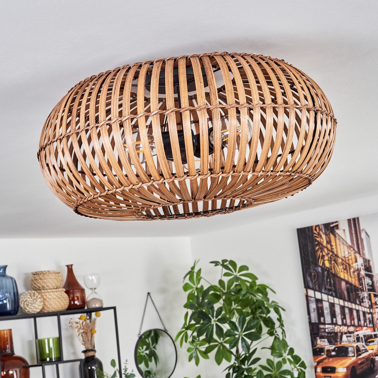 hofstein Deckenleuchte moderne Deckenlampe aus Metall/Bambus in Schwarz/Natur/Dunkelbraun, ohne Leuchtmittel, m. Lichteffekt an der Decke, Ø 50 cm, 3 x E27, ohne Leuchtmittel