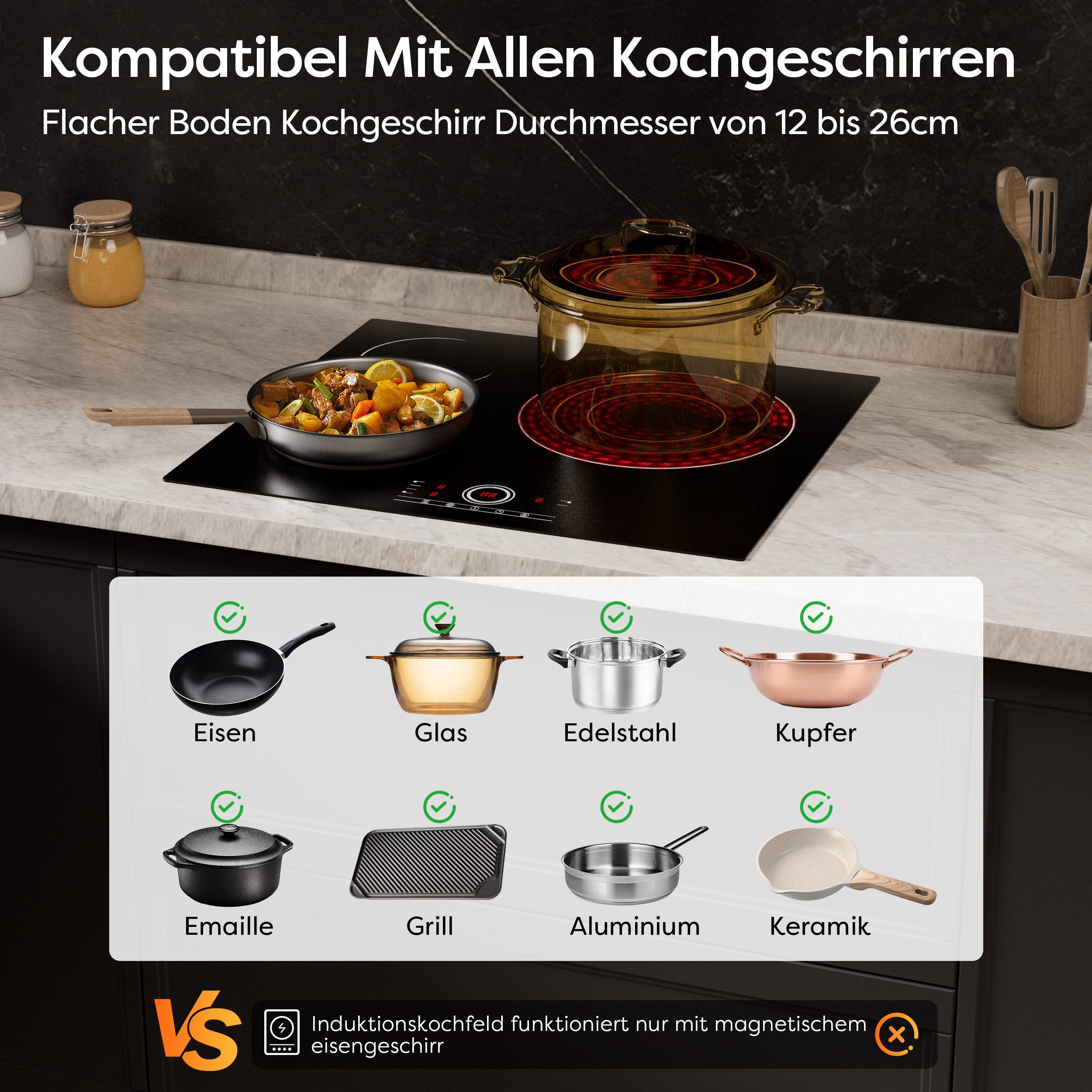 CDV Elektro-Kochfeld 60 cm Glaskeramikkochfeld Cerankochfeld 3 Zonen Auto-Off Funktion CDVER573, Einbau Ceran-Kochfeld 9 Stufen mit Timer 5700 W Touch Control