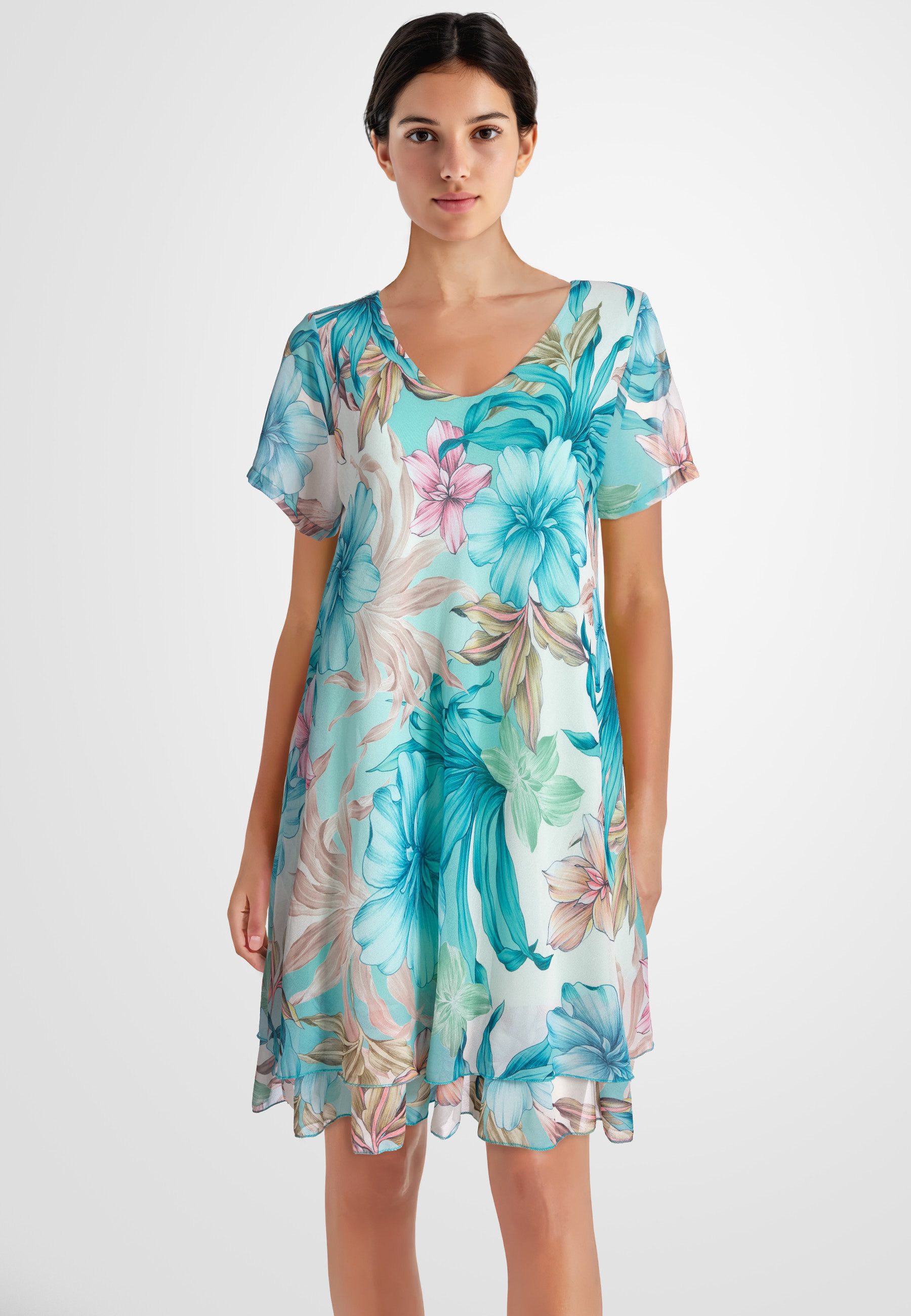 PEKIVESSA Sommerkleid Geblümtes Georgette-Kleid mit Volants günstig online kaufen