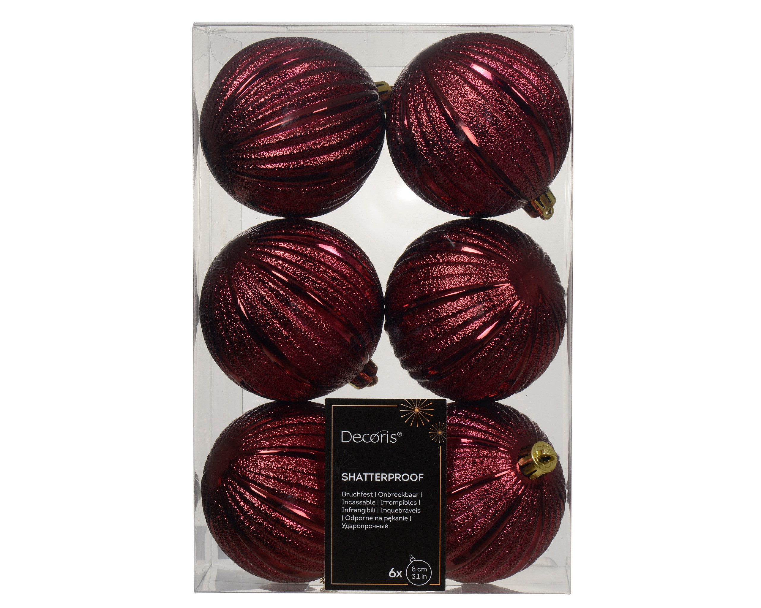 Kaemingk Weihnachtsbaumkugel, Weihnachtskugeln Kunststoff 8cm geriffelt 6 Stück - Ochsenblut