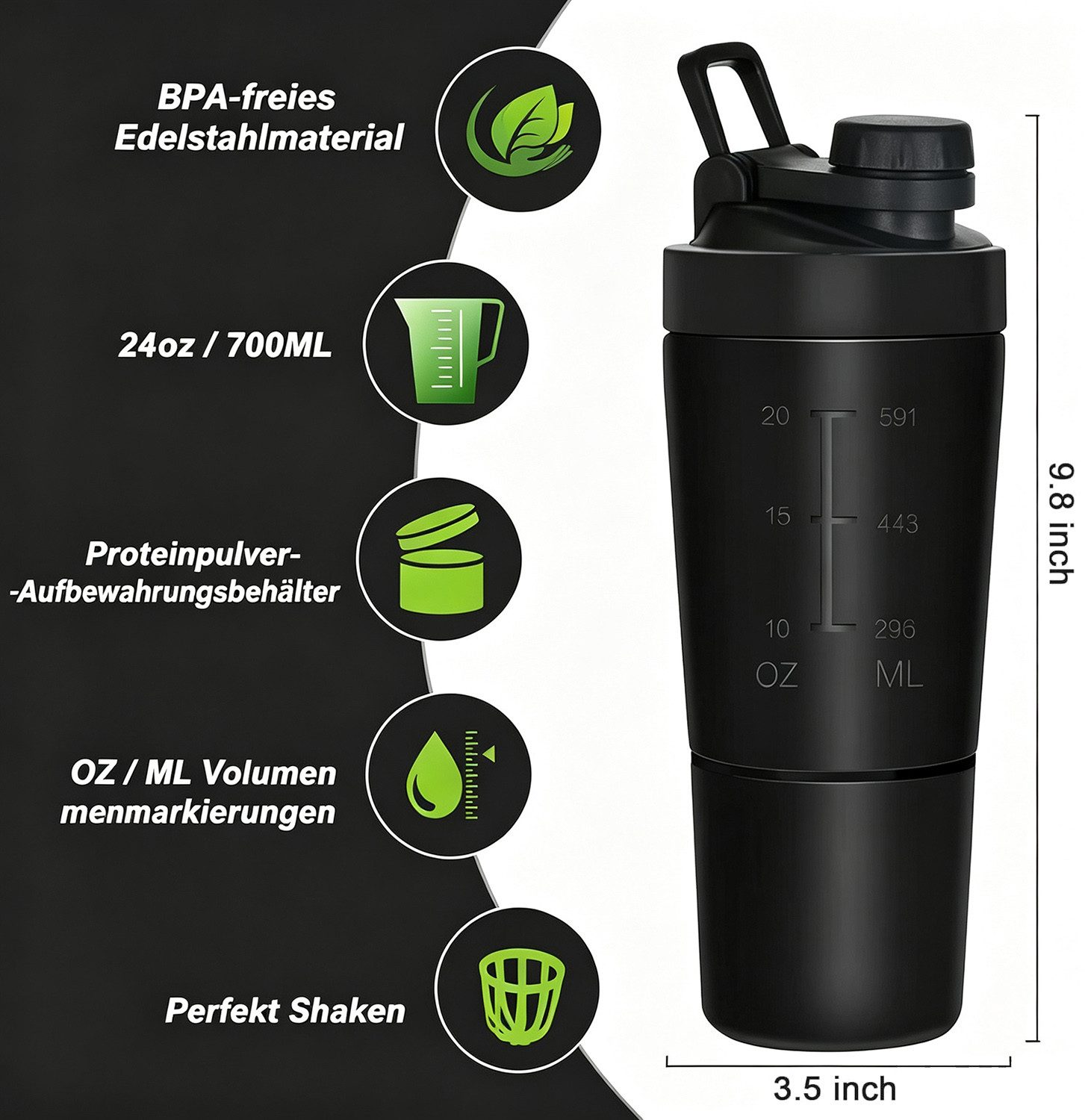 ibettertec Protein Shaker Protein Shaker Edelstahl 700+200 ML Eiweiß Becher mit pulverfach, Edelstahl, Doppelwandig, mit 200ml Tasse, für Eiweiß, Diät und Fitness-Shake